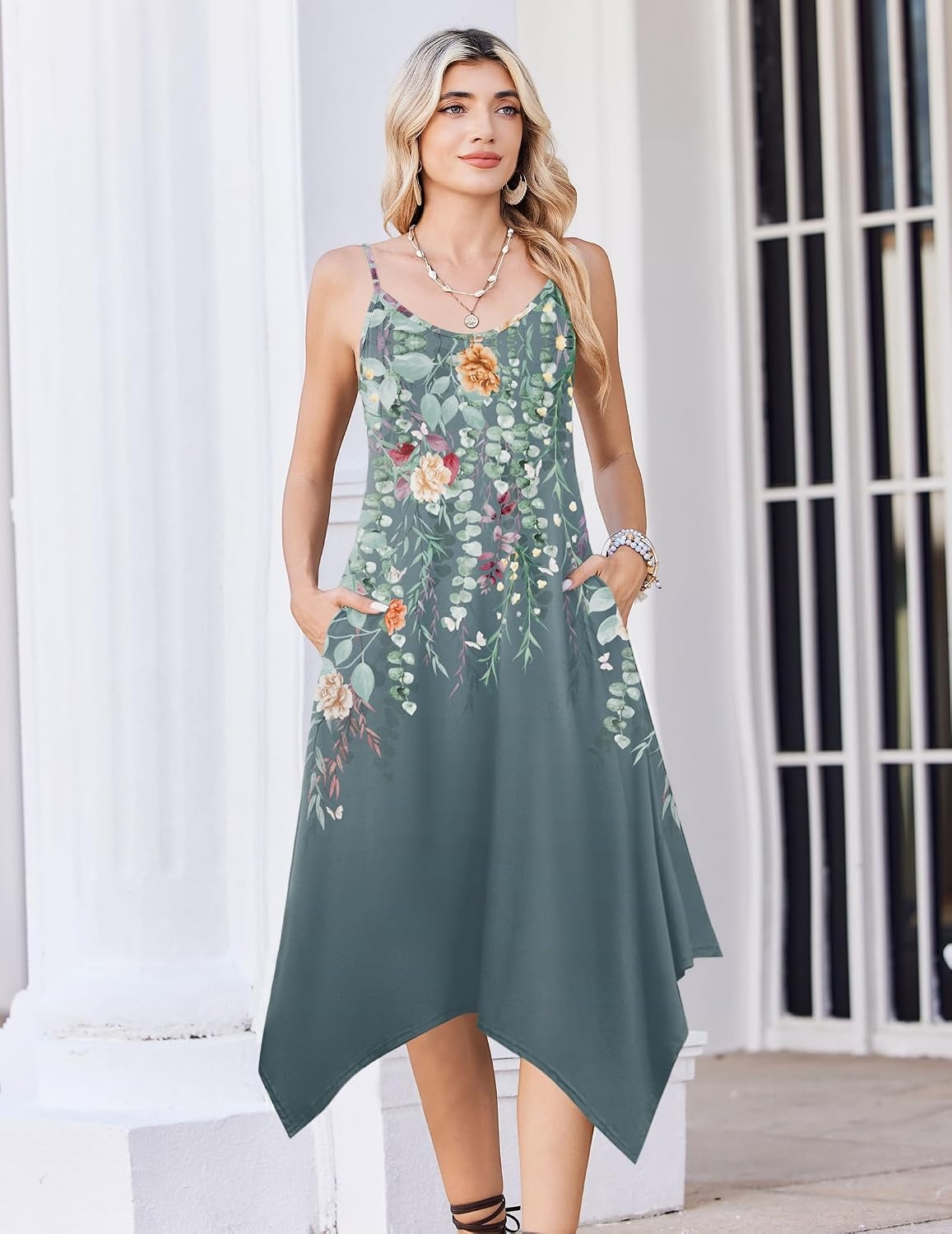 image:imageZeagoo Women Summer Midi Dresses 2026 Hawaiian Bohemian Beach Cover Up Sundress Spaghetti Strap Casual Dress with PocketsWatercolor