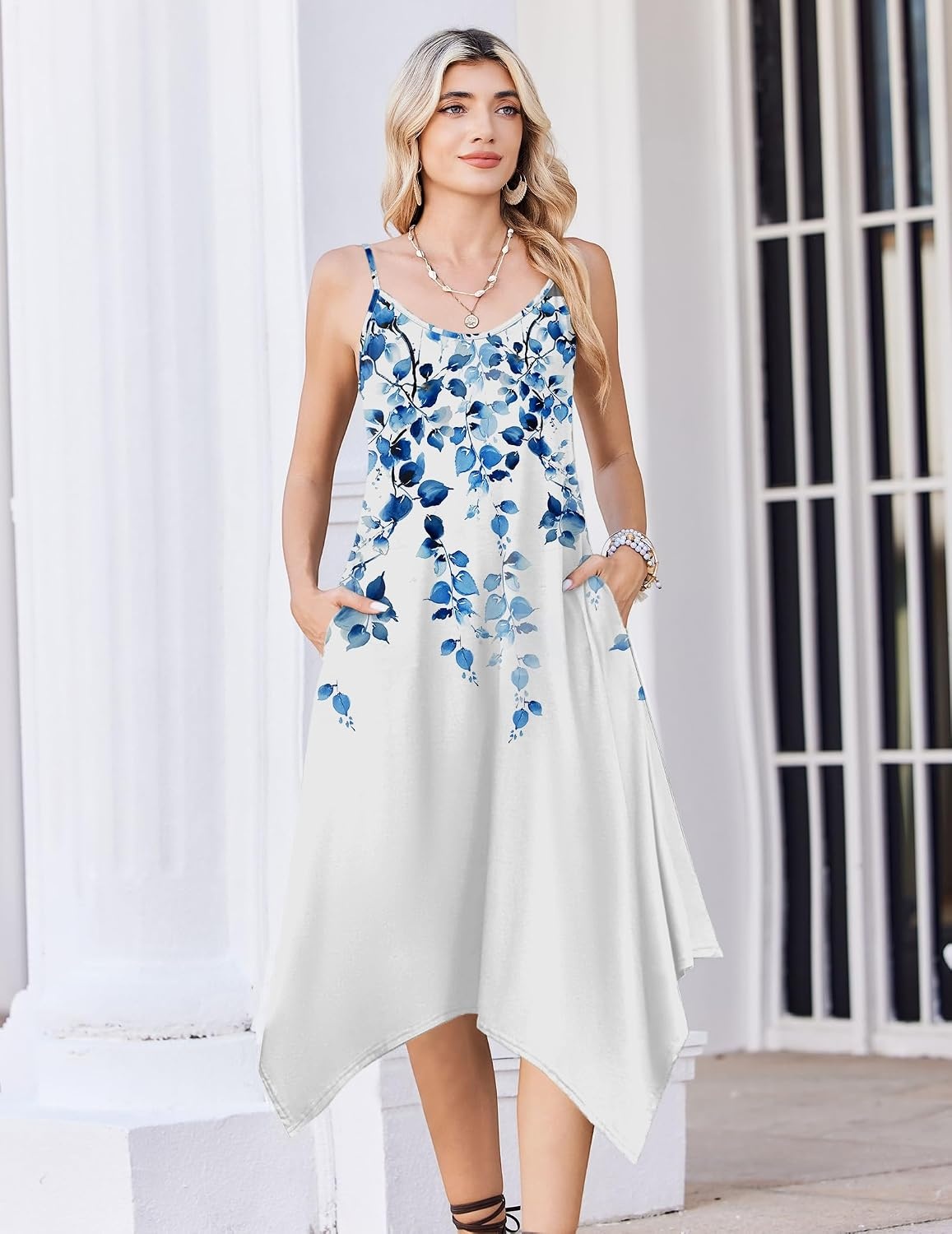 image:imageZeagoo Women Summer Midi Dresses 2026 Hawaiian Bohemian Beach Cover Up Sundress Spaghetti Strap Casual Dress with PocketsWatercolor Leaves