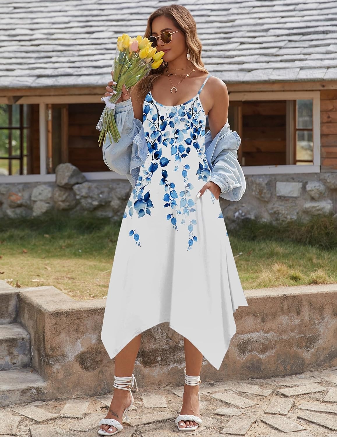 image:imageZeagoo Women Summer Midi Dresses 2026 Hawaiian Bohemian Beach Cover Up Sundress Spaghetti Strap Casual Dress with PocketsWatercolor Leaves