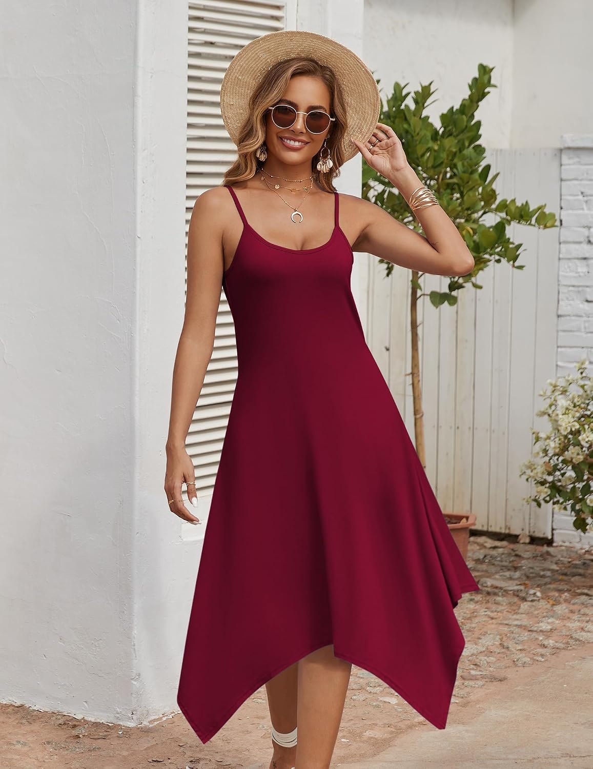 image:imageZeagoo Women Summer Midi Dresses 2026 Hawaiian Bohemian Beach Cover Up Sundress Spaghetti Strap Casual Dress with PocketsWine Red