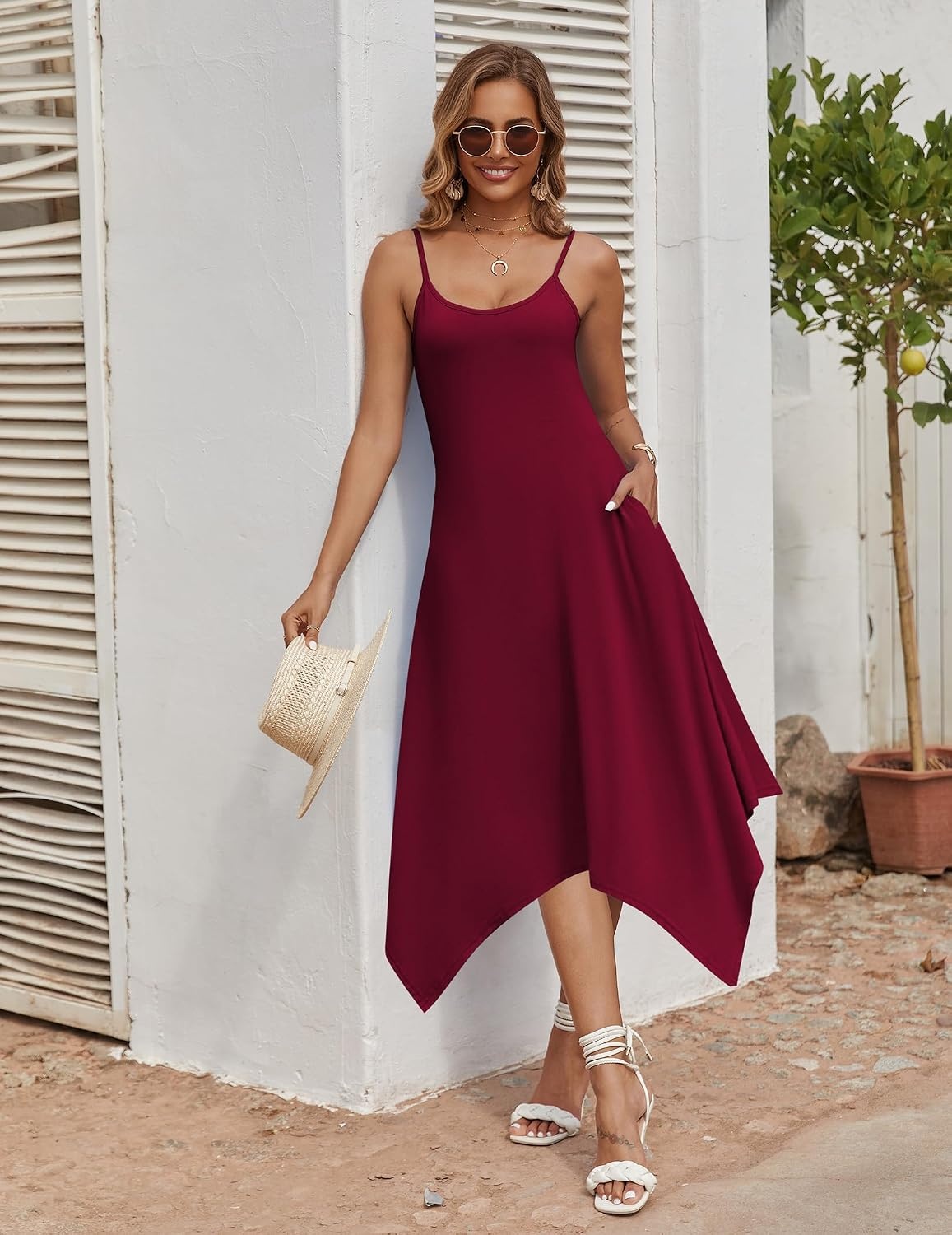 image:imageZeagoo Women Summer Midi Dresses 2026 Hawaiian Bohemian Beach Cover Up Sundress Spaghetti Strap Casual Dress with PocketsWine Red