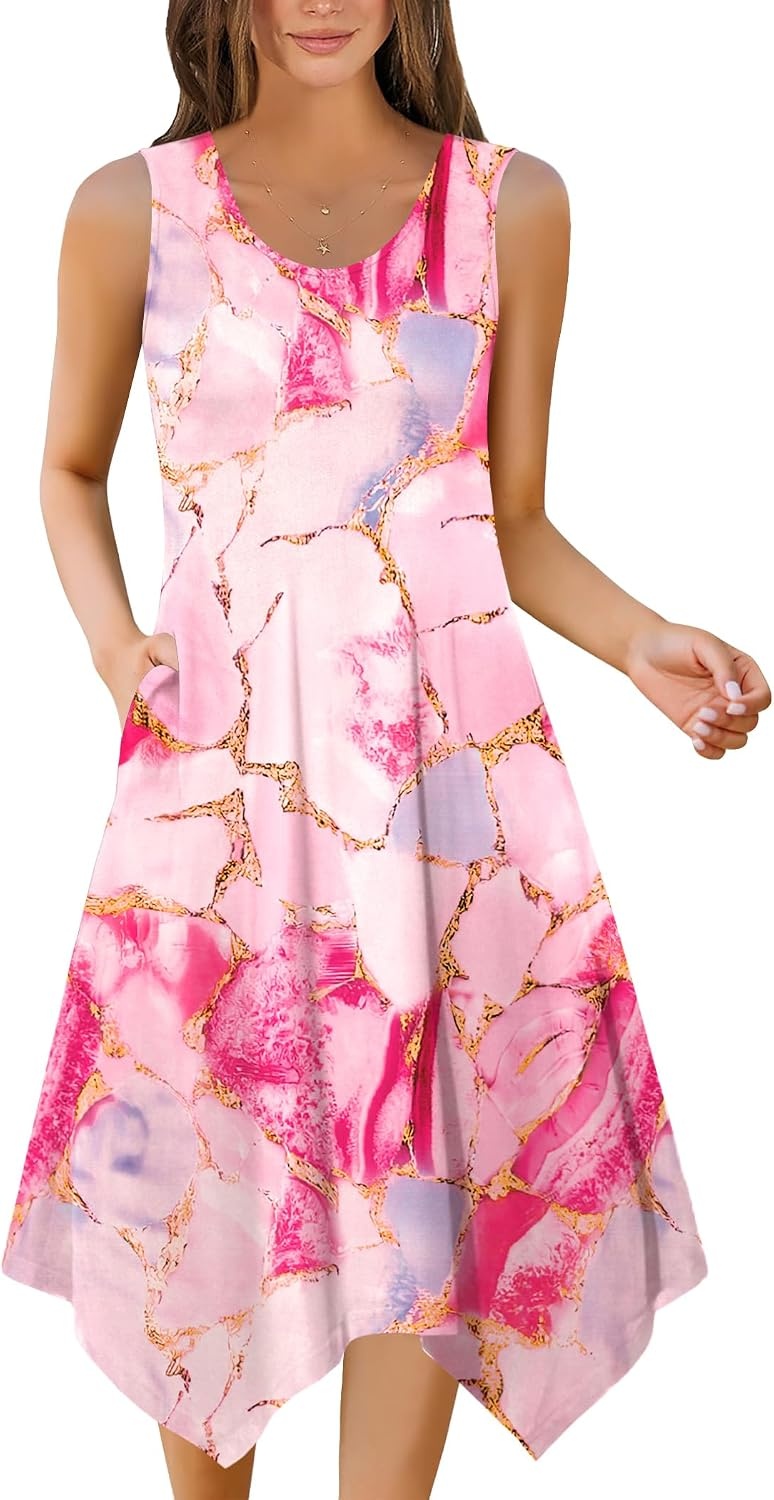 image:imageZeagoo Womens Casual Dress for Summer Tank Dress Loose Flowy Beach Dress with Pockets Hankerchief Flare Midi Sundress 202601 Apink