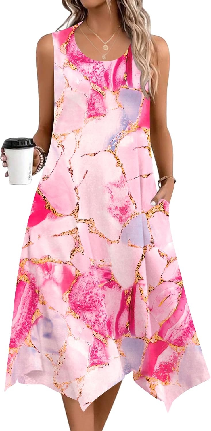 image:imageZeagoo Womens Casual Dress for Summer Tank Dress Loose Flowy Beach Dress with Pockets Hankerchief Flare Midi Sundress 202601 Apink