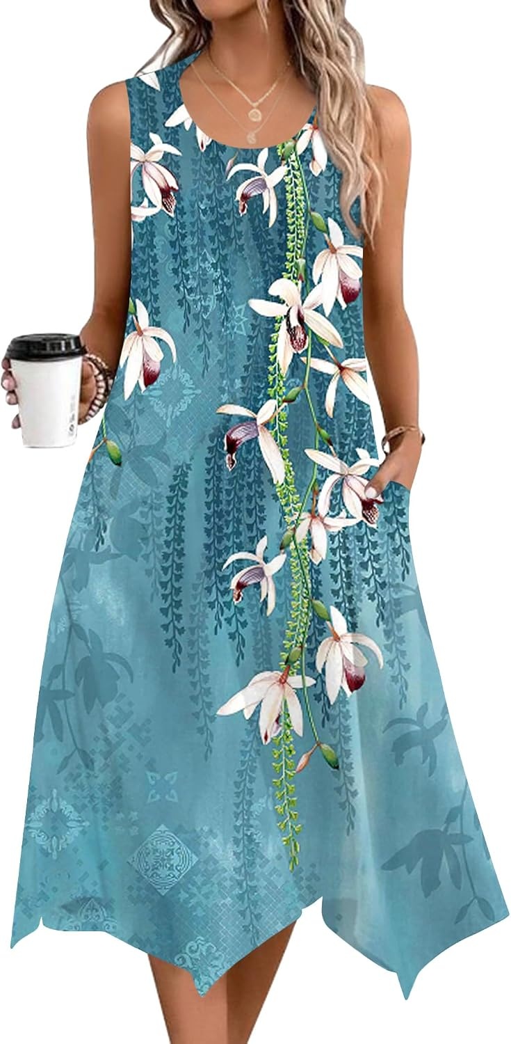 image:imageZeagoo Womens Casual Dress for Summer Tank Dress Loose Flowy Beach Dress with Pockets Hankerchief Flare Midi Sundress 202601 Blue