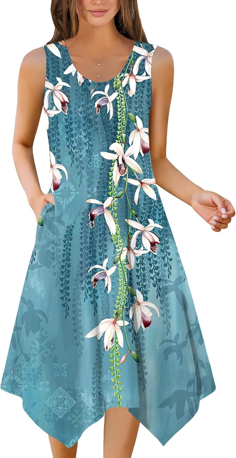 image:imageZeagoo Womens Casual Dress for Summer Tank Dress Loose Flowy Beach Dress with Pockets Hankerchief Flare Midi Sundress 202601 Blue
