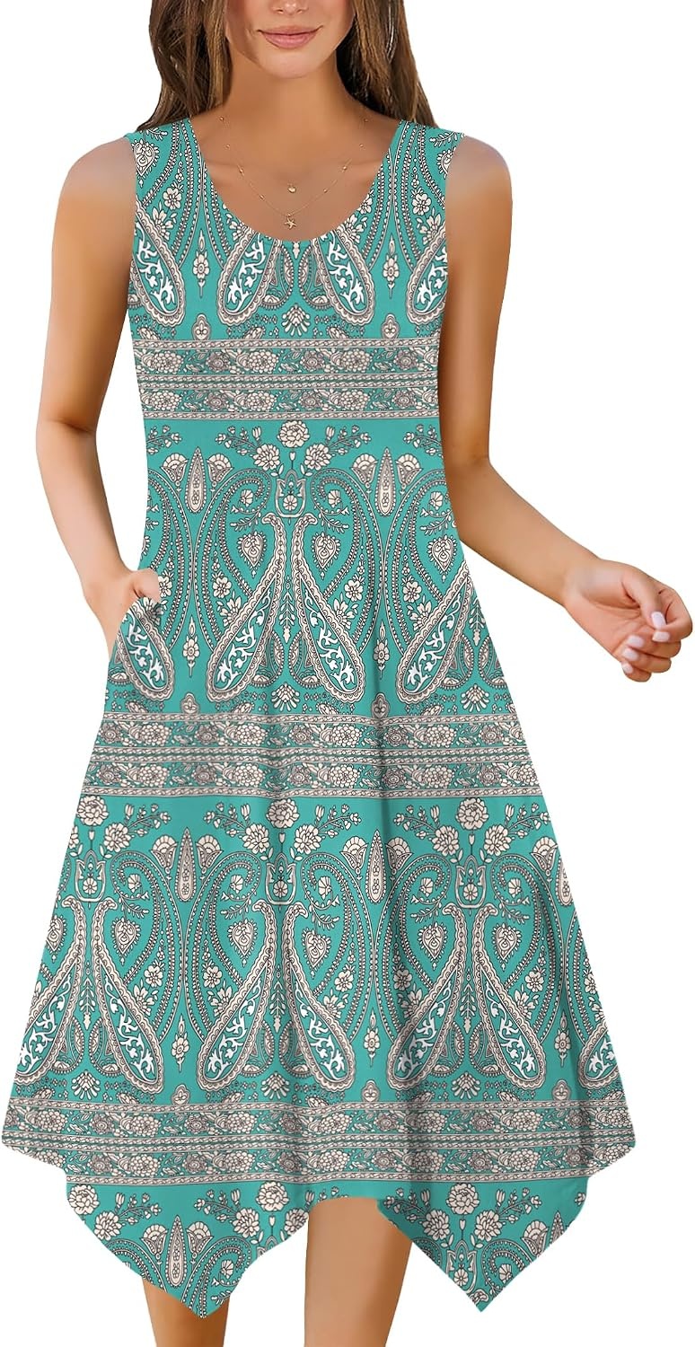 image:imageZeagoo Womens Casual Dress for Summer Tank Dress Loose Flowy Beach Dress with Pockets Hankerchief Flare Midi Sundress 202601 Green