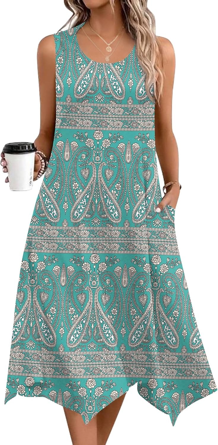 image:imageZeagoo Womens Casual Dress for Summer Tank Dress Loose Flowy Beach Dress with Pockets Hankerchief Flare Midi Sundress 202601 Green