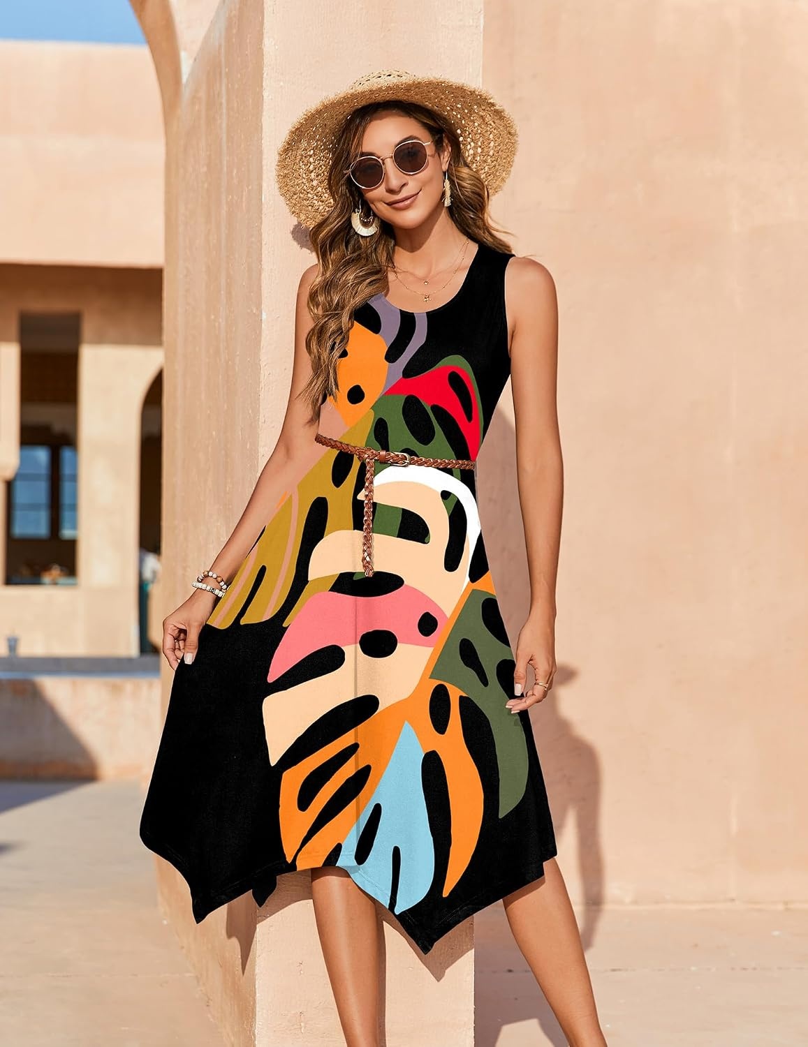 image:imageZeagoo Womens Casual Dress for Summer Tank Dress Loose Flowy Beach Dress with Pockets Hankerchief Flare Midi Sundress 202602 Black