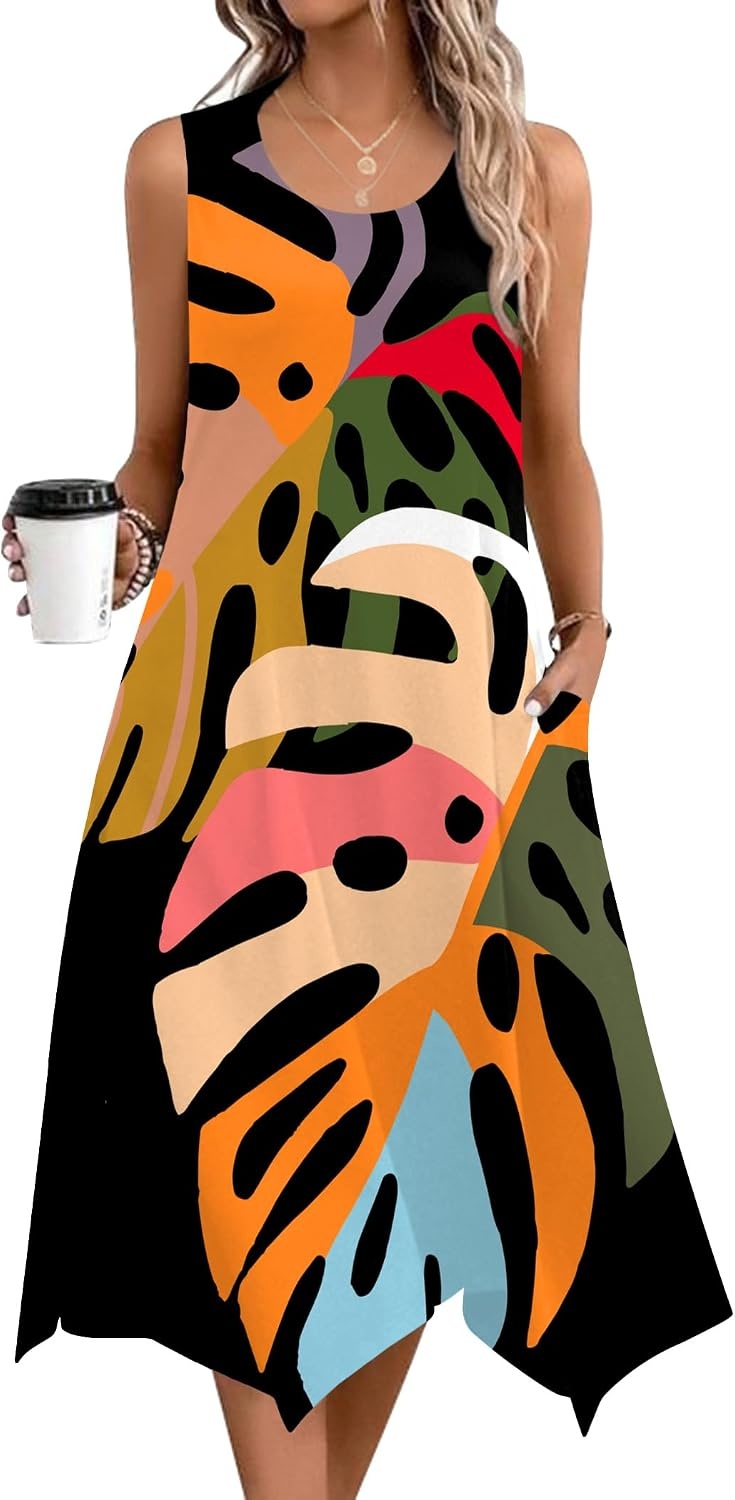 image:imageZeagoo Womens Casual Dress for Summer Tank Dress Loose Flowy Beach Dress with Pockets Hankerchief Flare Midi Sundress 202602 Black