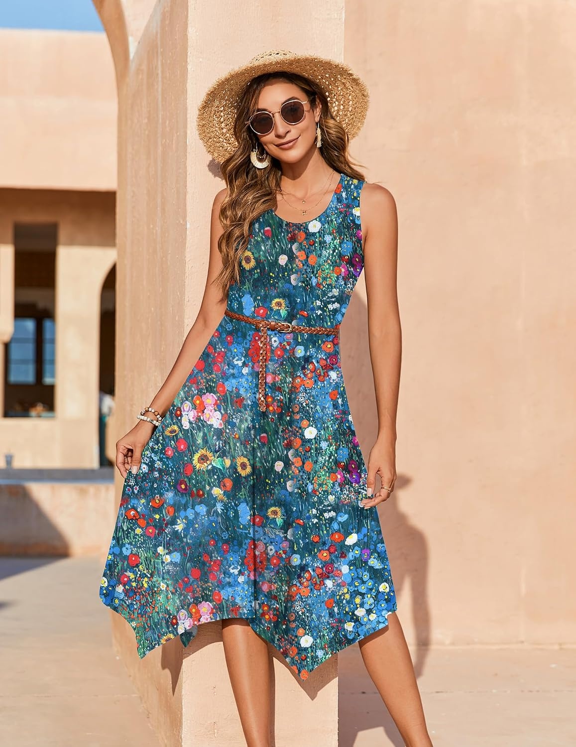 image:imageZeagoo Womens Casual Dress for Summer Tank Dress Loose Flowy Beach Dress with Pockets Hankerchief Flare Midi Sundress 202602 Blue
