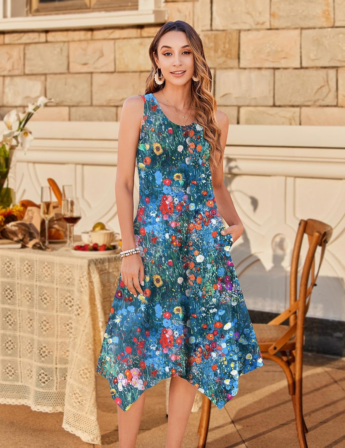 image:imageZeagoo Womens Casual Dress for Summer Tank Dress Loose Flowy Beach Dress with Pockets Hankerchief Flare Midi Sundress 202602 Blue