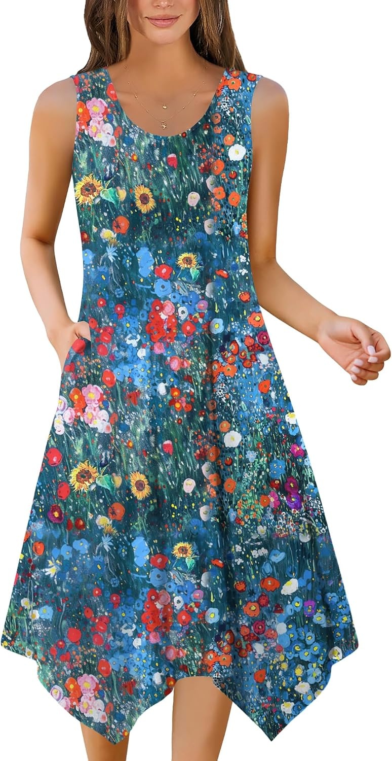 image:imageZeagoo Womens Casual Dress for Summer Tank Dress Loose Flowy Beach Dress with Pockets Hankerchief Flare Midi Sundress 202602 Blue