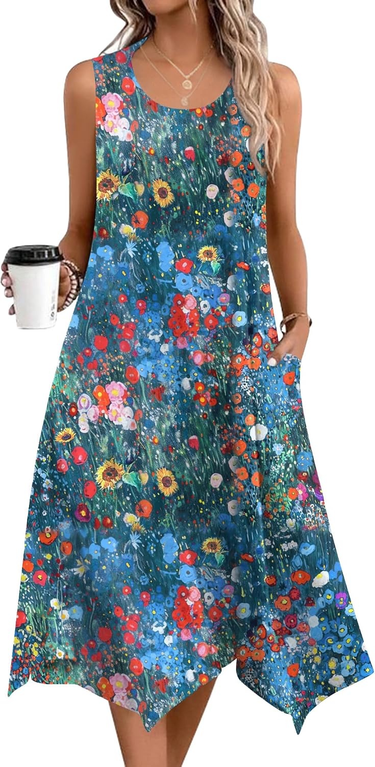image:imageZeagoo Womens Casual Dress for Summer Tank Dress Loose Flowy Beach Dress with Pockets Hankerchief Flare Midi Sundress 202602 Blue