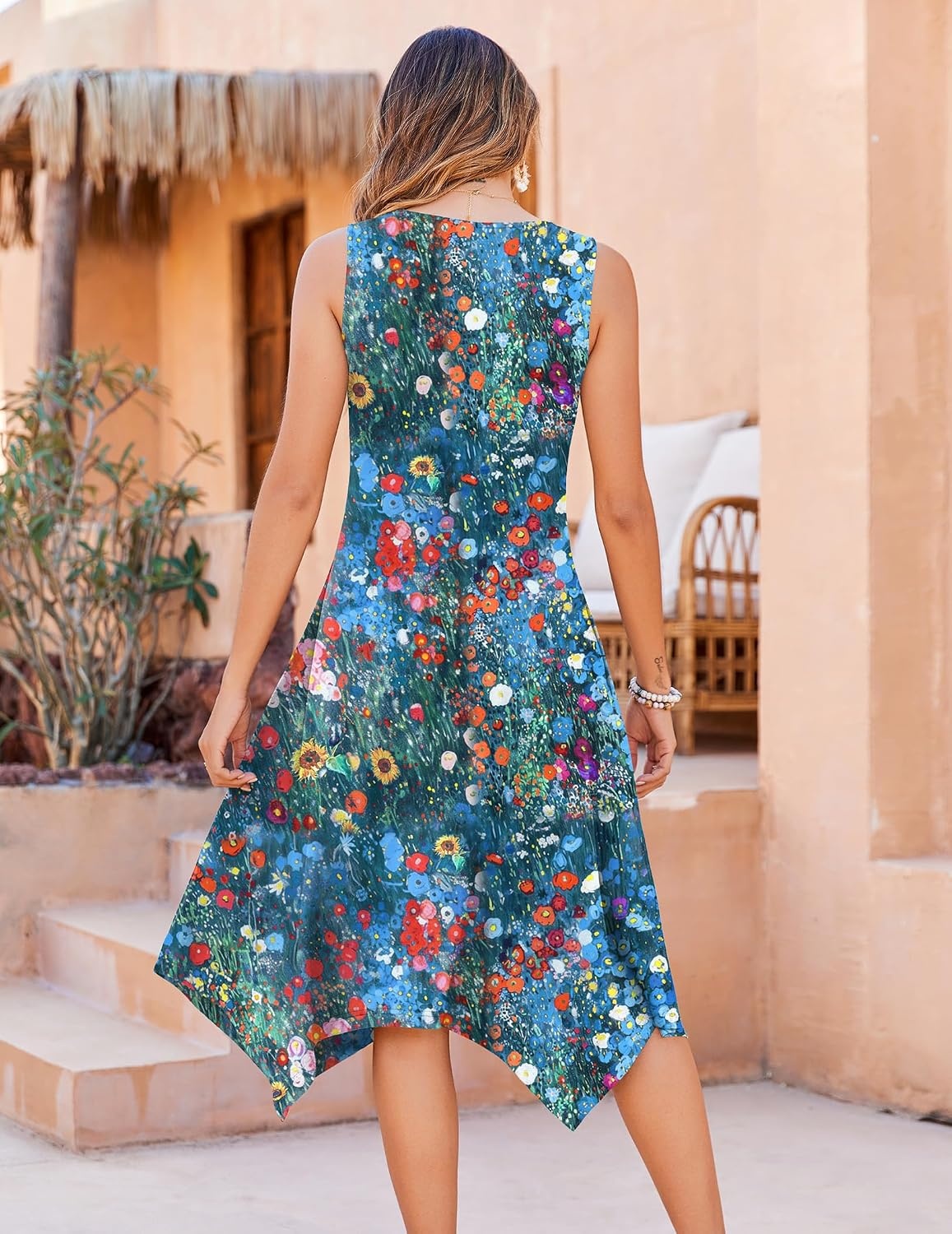 image:imageZeagoo Womens Casual Dress for Summer Tank Dress Loose Flowy Beach Dress with Pockets Hankerchief Flare Midi Sundress 202602 Blue