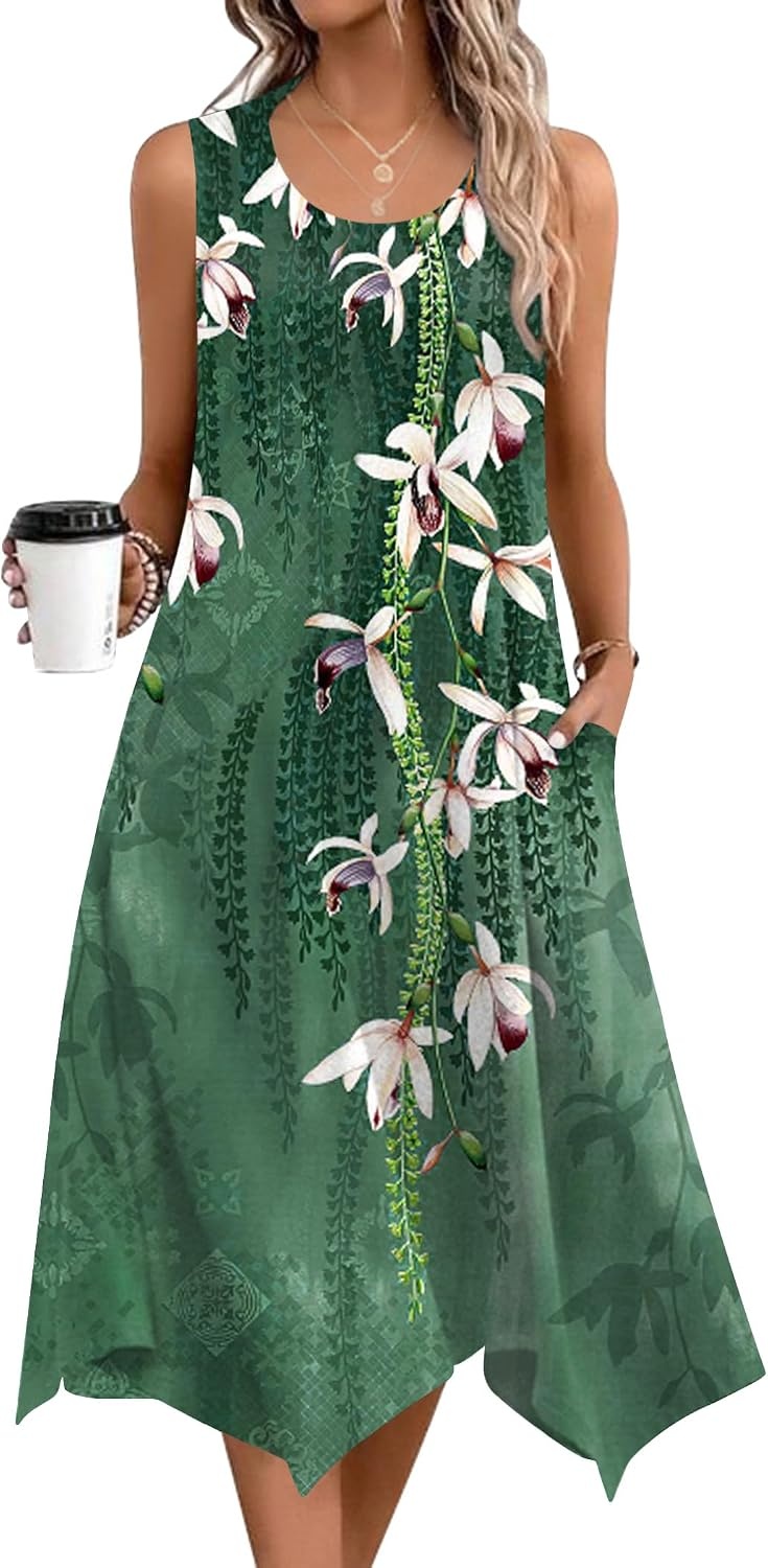 image:imageZeagoo Womens Casual Dress for Summer Tank Dress Loose Flowy Beach Dress with Pockets Hankerchief Flare Midi Sundress 202602 Green