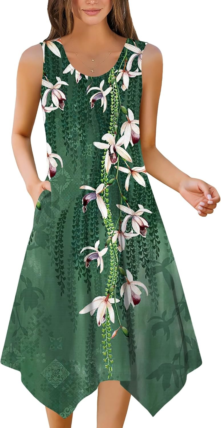 image:imageZeagoo Womens Casual Dress for Summer Tank Dress Loose Flowy Beach Dress with Pockets Hankerchief Flare Midi Sundress 202602 Green