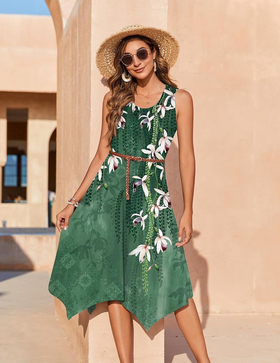 image:imageZeagoo Womens Casual Dress for Summer Tank Dress Loose Flowy Beach Dress with Pockets Hankerchief Flare Midi Sundress 202602 Green