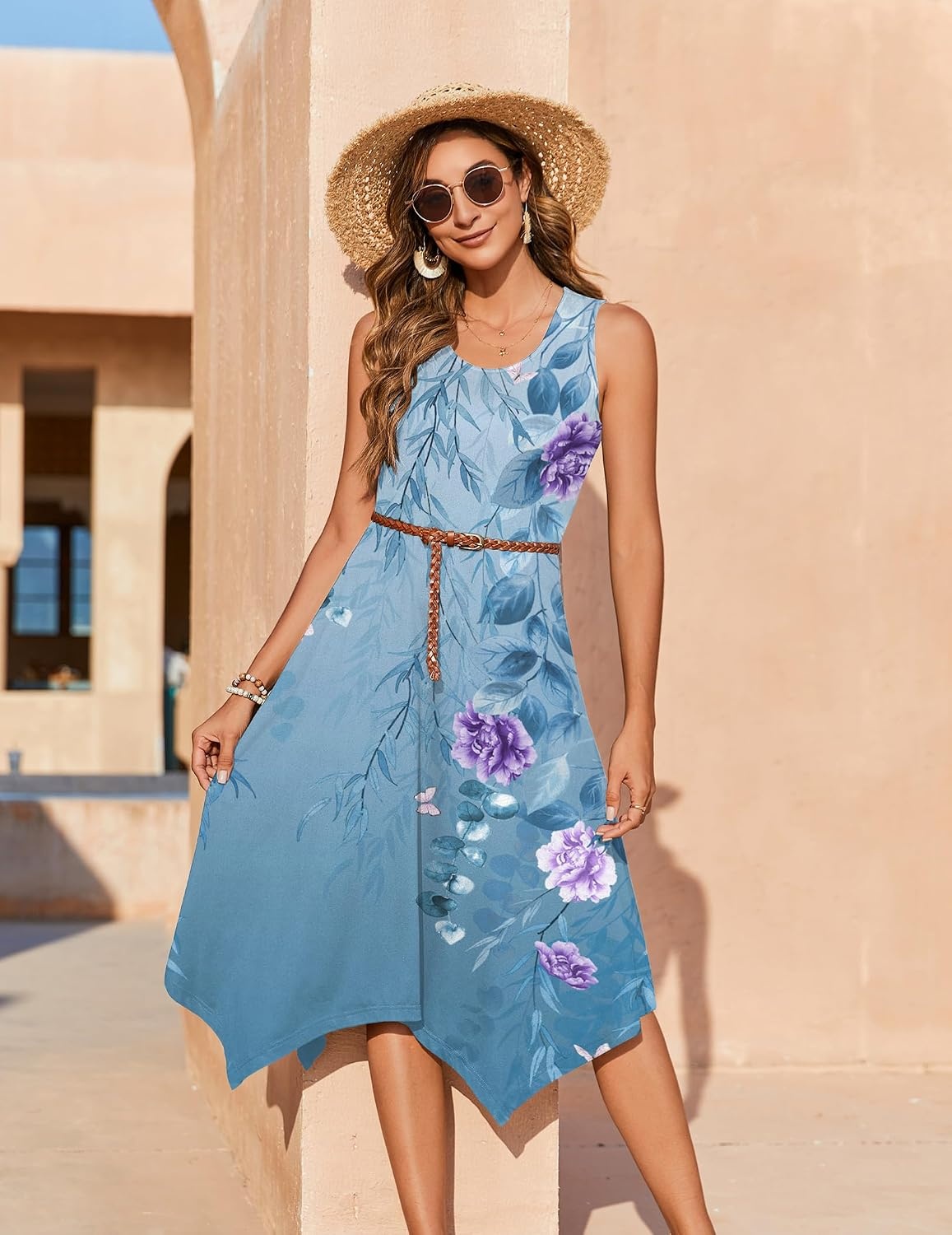 image:imageZeagoo Womens Casual Dress for Summer Tank Dress Loose Flowy Beach Dress with Pockets Hankerchief Flare Midi Sundress 202603 Blue