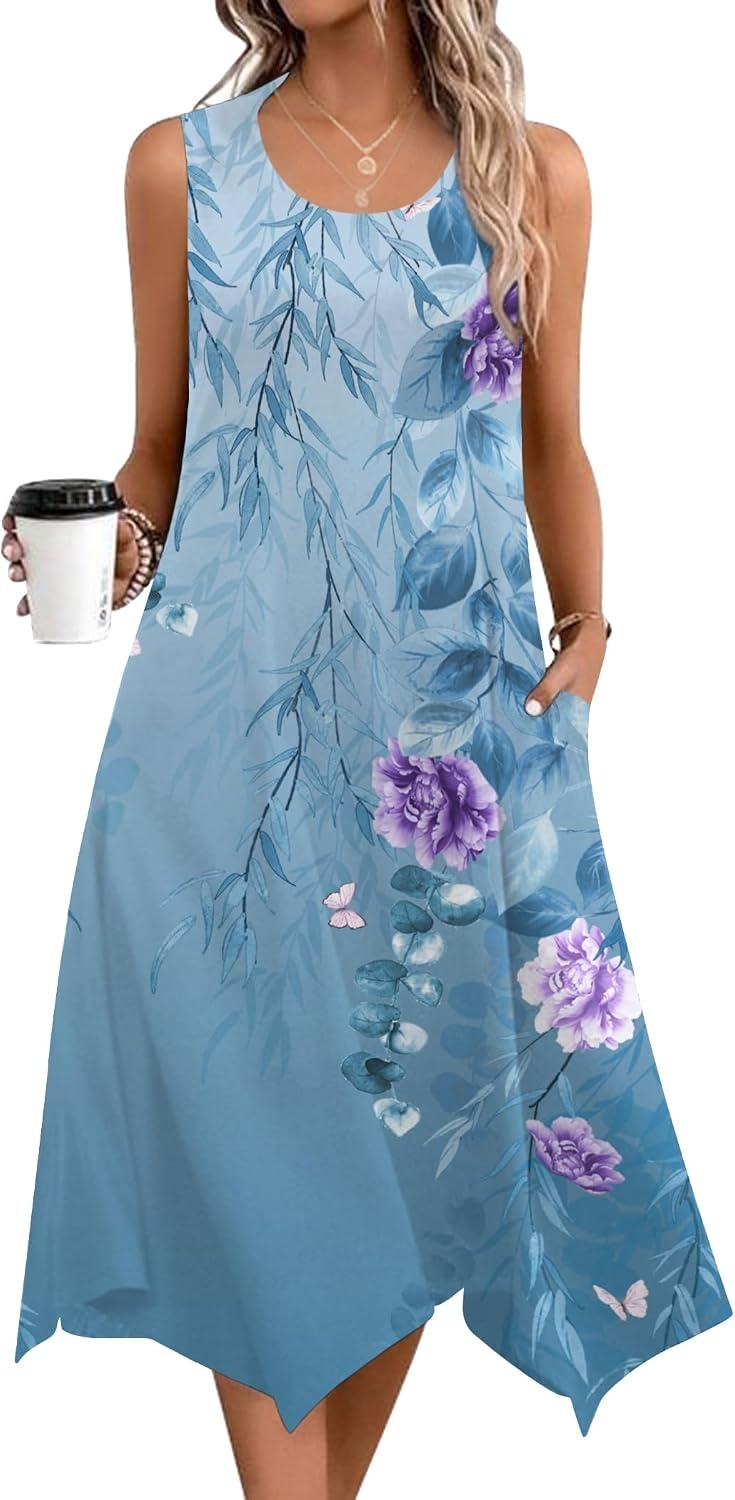 image:imageZeagoo Womens Casual Dress for Summer Tank Dress Loose Flowy Beach Dress with Pockets Hankerchief Flare Midi Sundress 202603 Blue