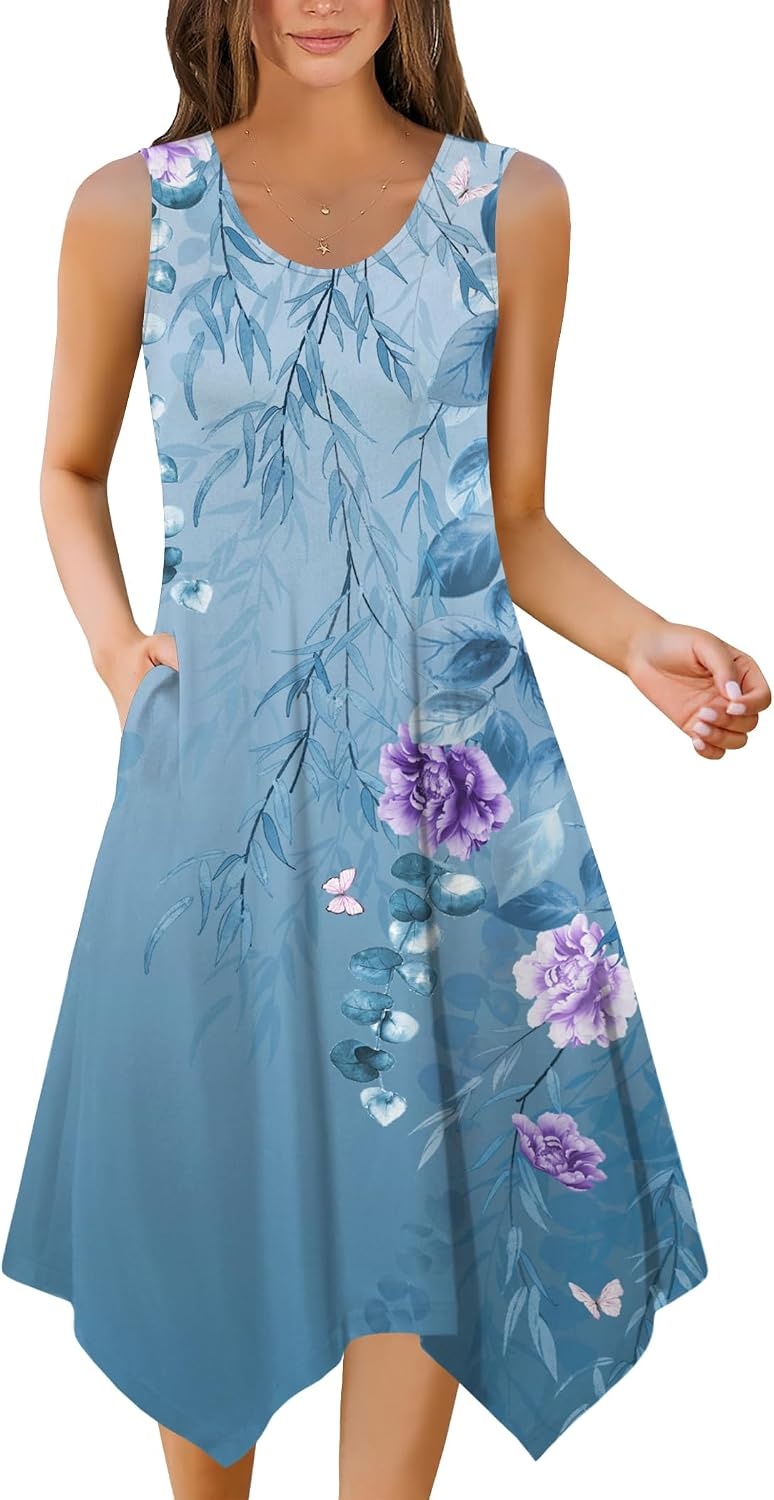 image:imageZeagoo Womens Casual Dress for Summer Tank Dress Loose Flowy Beach Dress with Pockets Hankerchief Flare Midi Sundress 202603 Blue