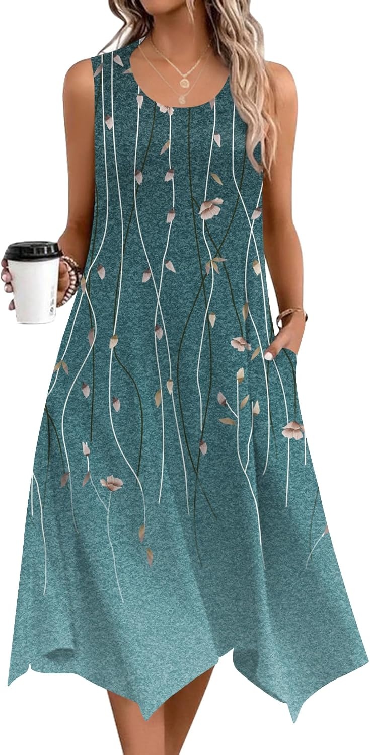 image:imageZeagoo Womens Casual Dress for Summer Tank Dress Loose Flowy Beach Dress with Pockets Hankerchief Flare Midi Sundress 202603 Green