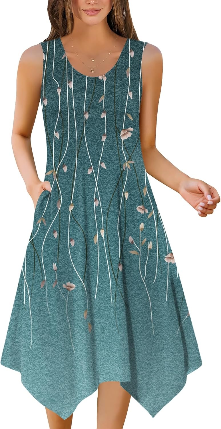 image:imageZeagoo Womens Casual Dress for Summer Tank Dress Loose Flowy Beach Dress with Pockets Hankerchief Flare Midi Sundress 202603 Green