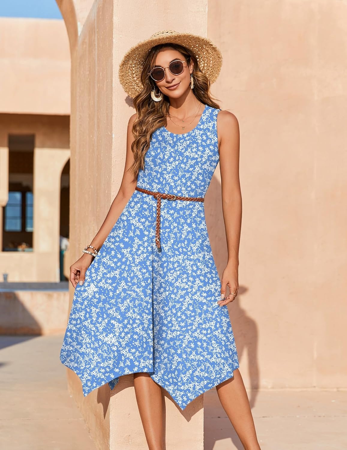 image:imageZeagoo Womens Casual Dress for Summer Tank Dress Loose Flowy Beach Dress with Pockets Hankerchief Flare Midi Sundress 2026Blue Xh41