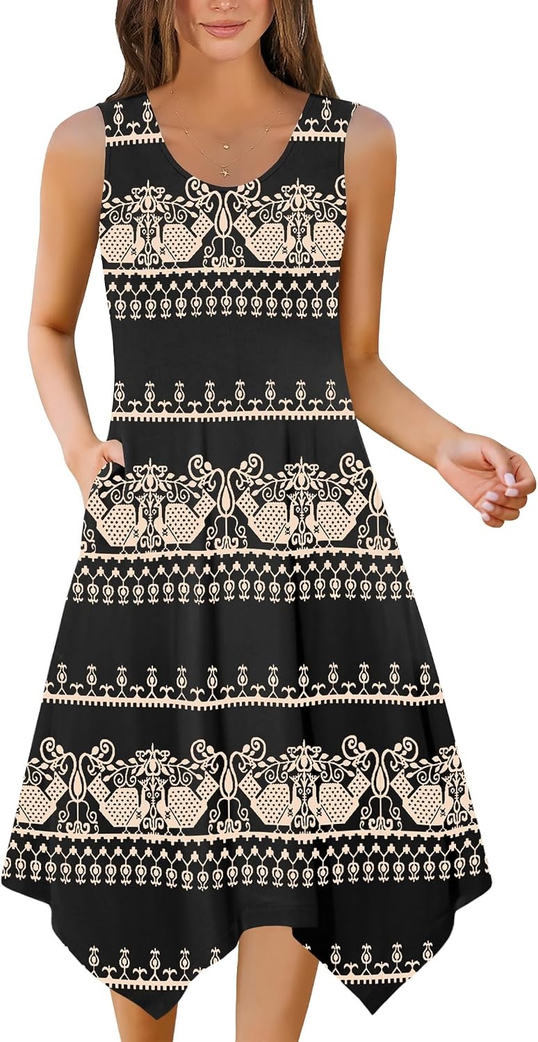 image:imageZeagoo Womens Casual Dress for Summer Tank Dress Loose Flowy Beach Dress with Pockets Hankerchief Flare Midi Sundress 2026Ethnic Print