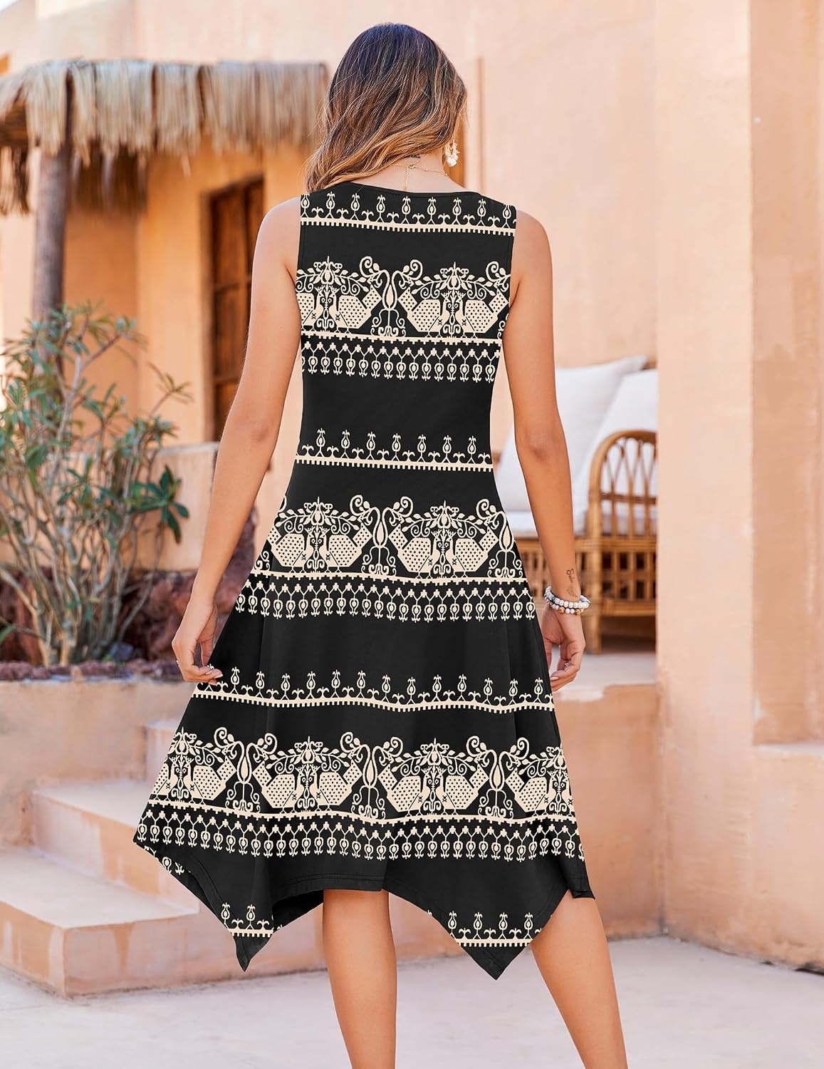image:imageZeagoo Womens Casual Dress for Summer Tank Dress Loose Flowy Beach Dress with Pockets Hankerchief Flare Midi Sundress 2026Ethnic Print