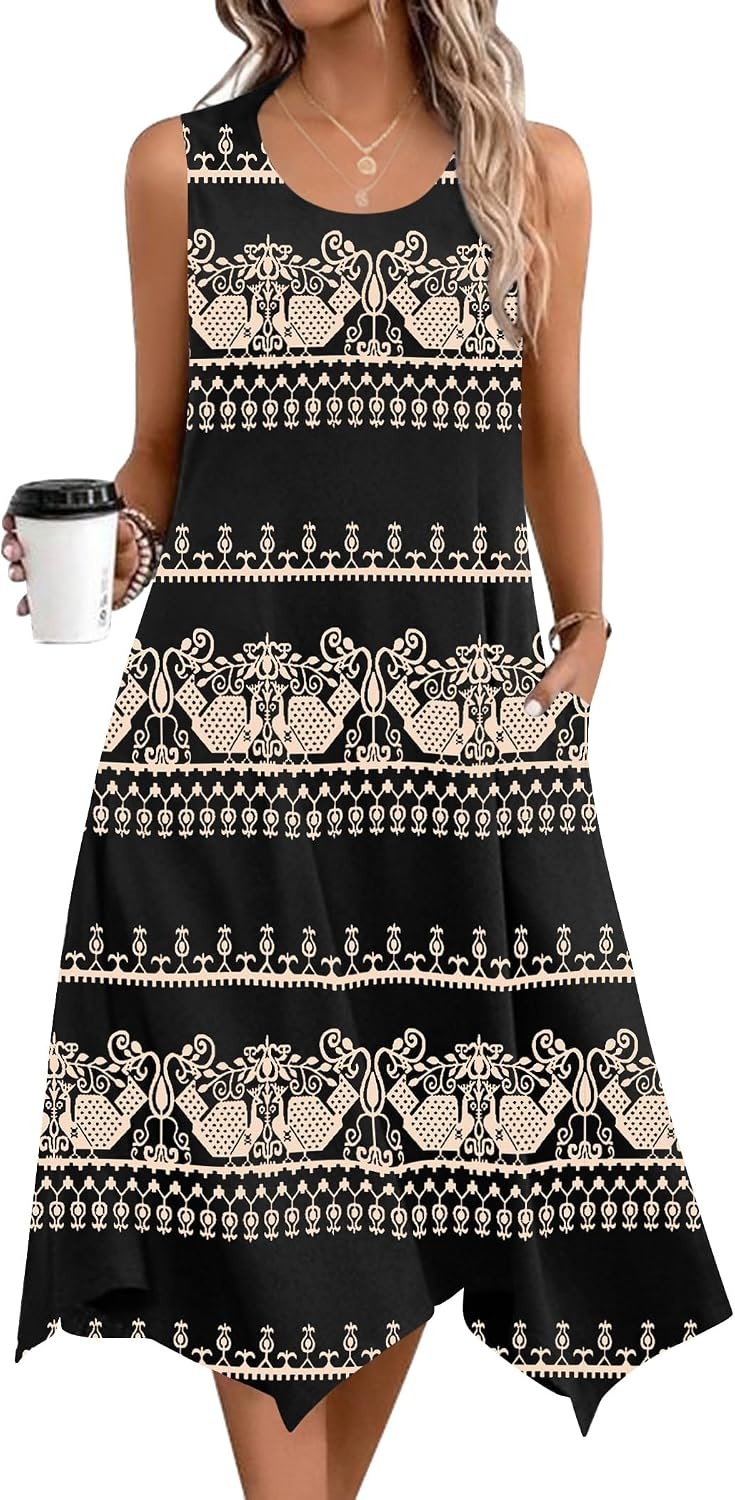 image:imageZeagoo Womens Casual Dress for Summer Tank Dress Loose Flowy Beach Dress with Pockets Hankerchief Flare Midi Sundress 2026Ethnic Print
