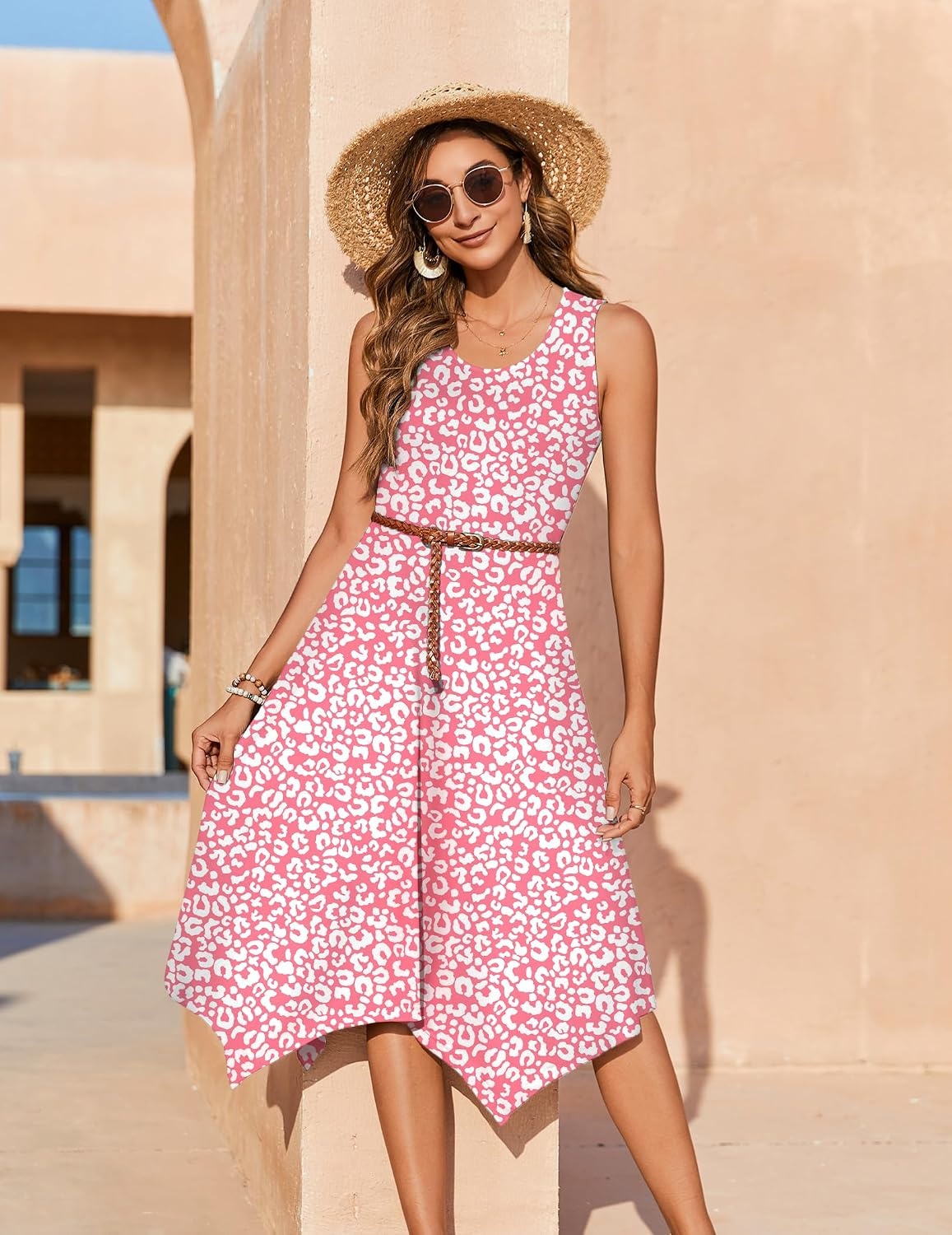image:imageZeagoo Womens Casual Dress for Summer Tank Dress Loose Flowy Beach Dress with Pockets Hankerchief Flare Midi Sundress 2026Leopard Print