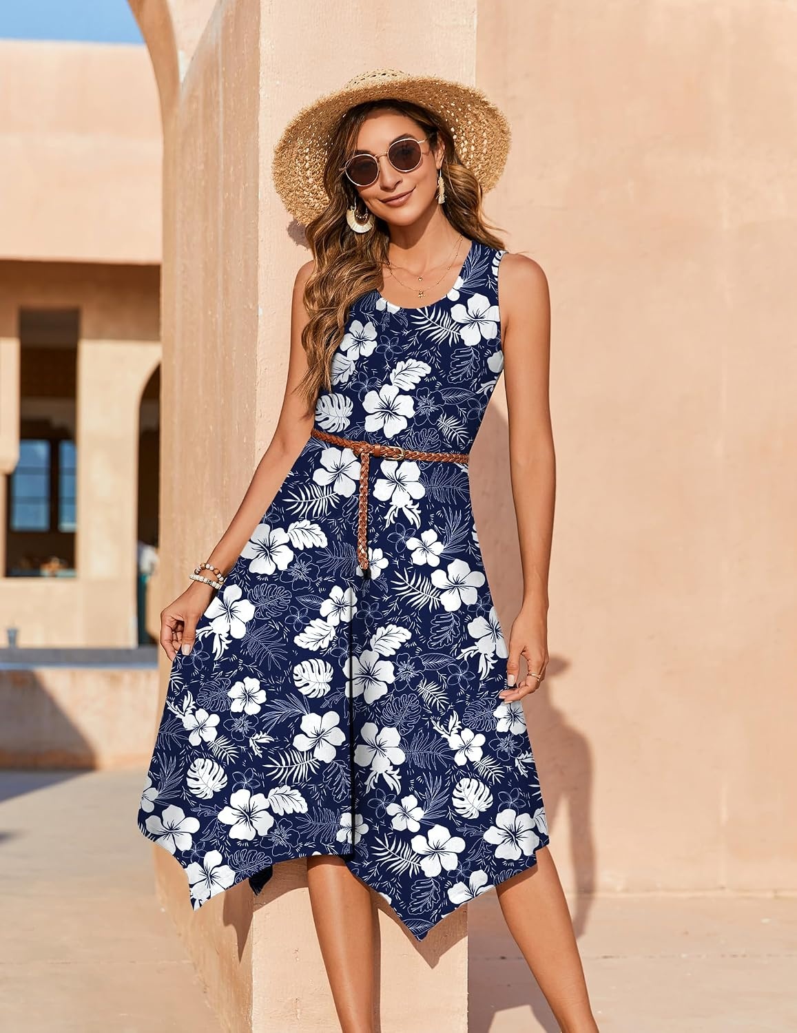 image:imageZeagoo Womens Casual Dress for Summer Tank Dress Loose Flowy Beach Dress with Pockets Hankerchief Flare Midi Sundress 2026Navy Sf157