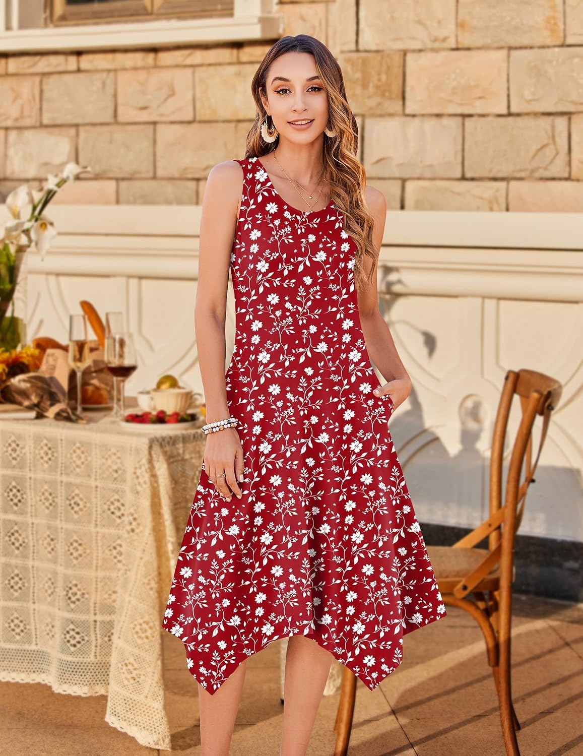 image:imageZeagoo Womens Casual Dress for Summer Tank Dress Loose Flowy Beach Dress with Pockets Hankerchief Flare Midi Sundress 2026Red Xh268