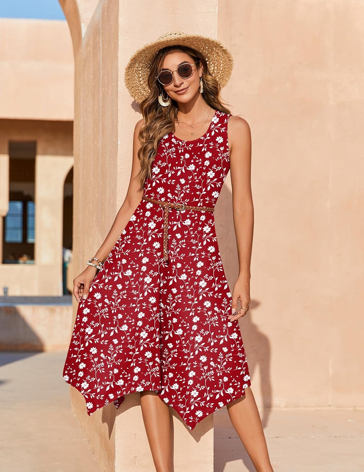 image:imageZeagoo Womens Casual Dress for Summer Tank Dress Loose Flowy Beach Dress with Pockets Hankerchief Flare Midi Sundress 2026Red Xh268