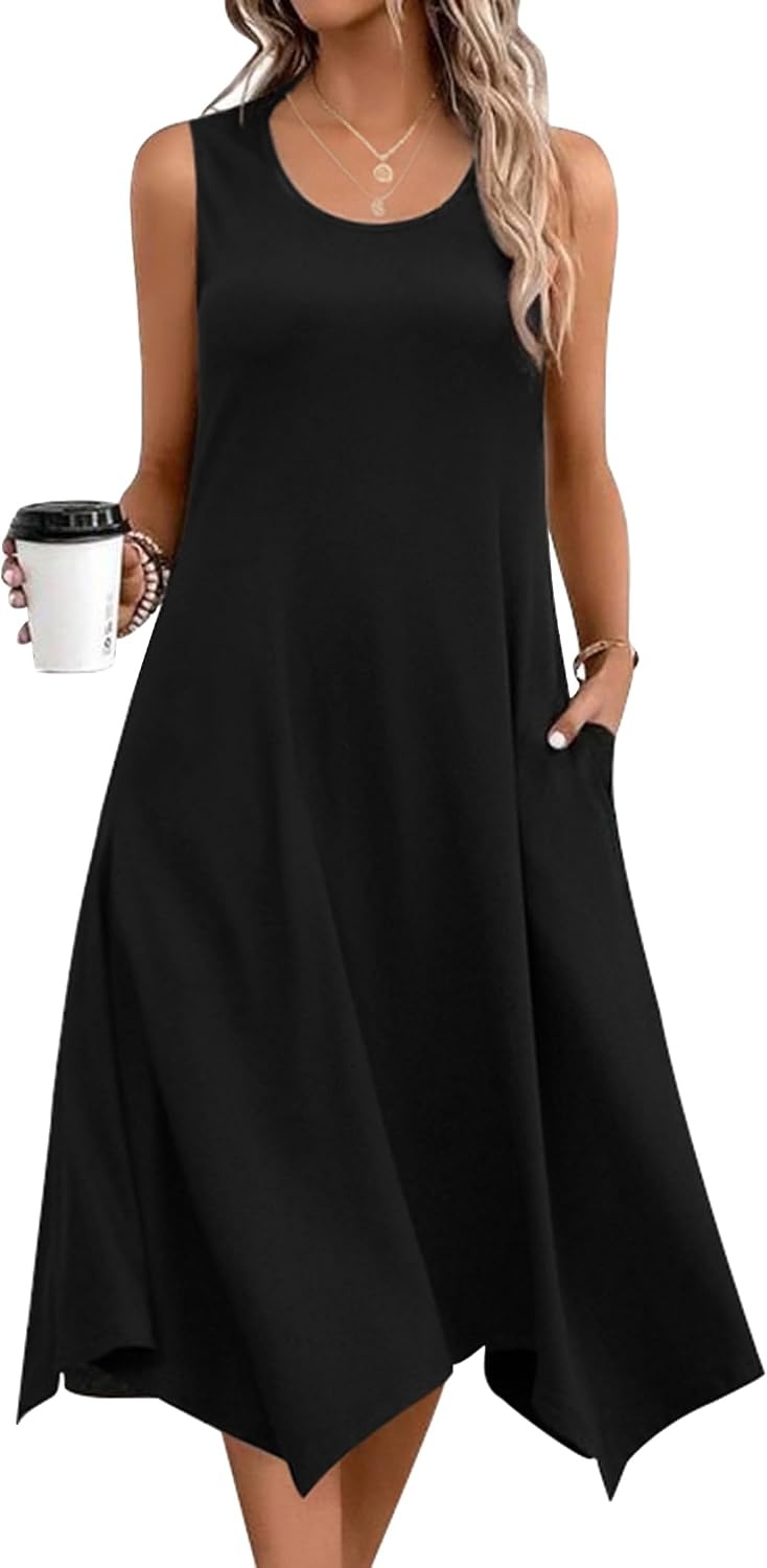 image:imageZeagoo Womens Casual Dress for Summer Tank Dress Loose Flowy Beach Dress with Pockets Hankerchief Flare Midi Sundress 2026Solid Black