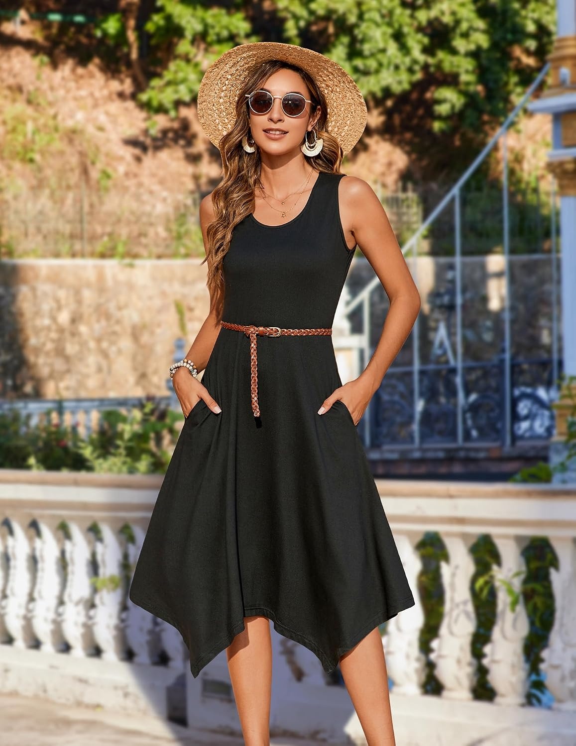 image:imageZeagoo Womens Casual Dress for Summer Tank Dress Loose Flowy Beach Dress with Pockets Hankerchief Flare Midi Sundress 2026Solid Black