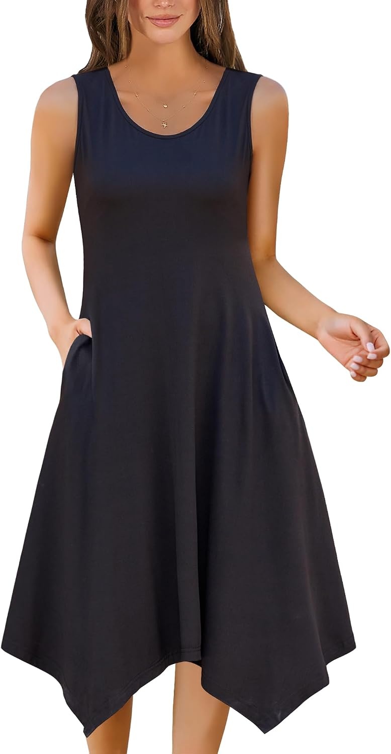 image:imageZeagoo Womens Casual Dress for Summer Tank Dress Loose Flowy Beach Dress with Pockets Hankerchief Flare Midi Sundress 2026Solid Black