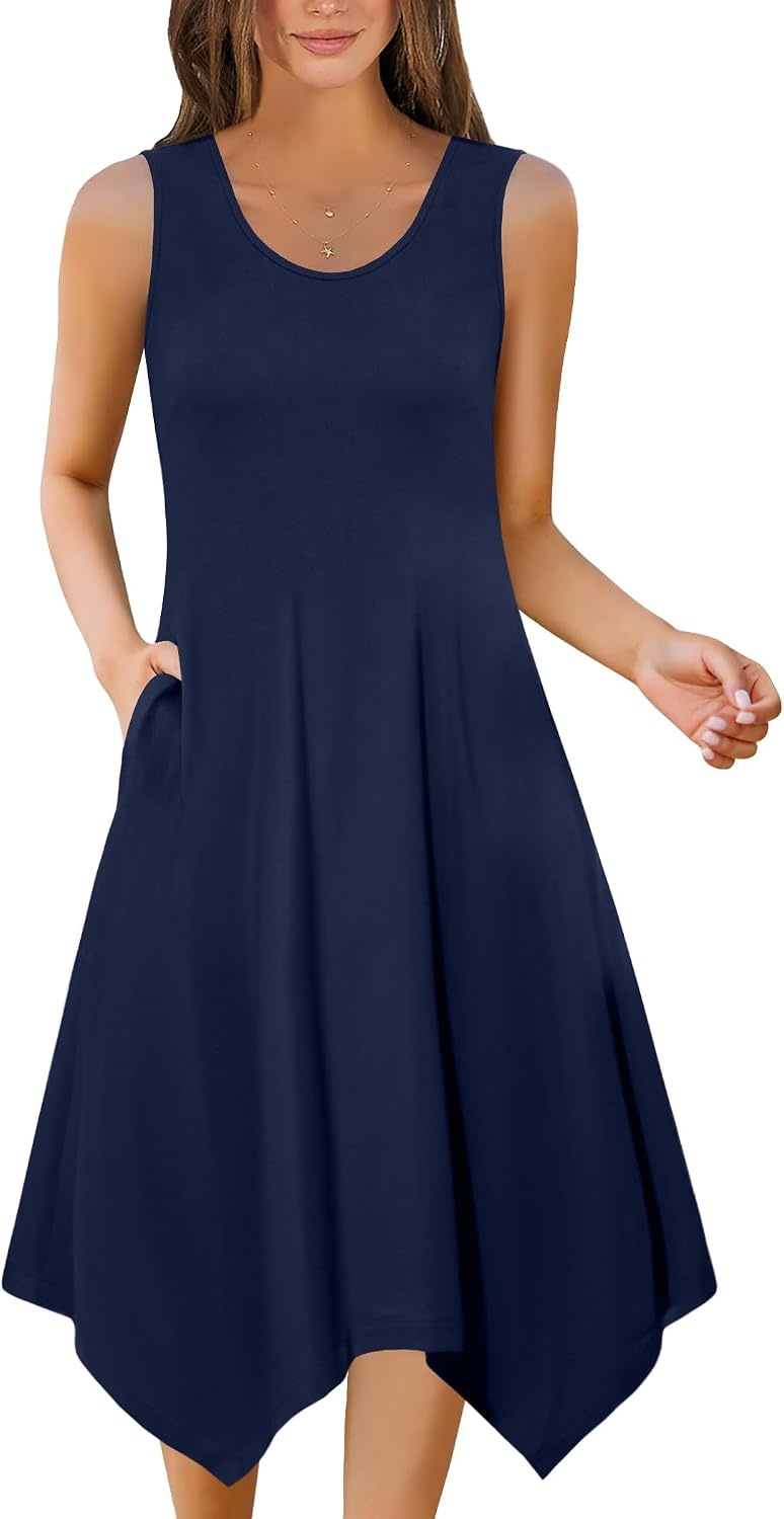 image:imageZeagoo Womens Casual Dress for Summer Tank Dress Loose Flowy Beach Dress with Pockets Hankerchief Flare Midi Sundress 2026Solid Navy