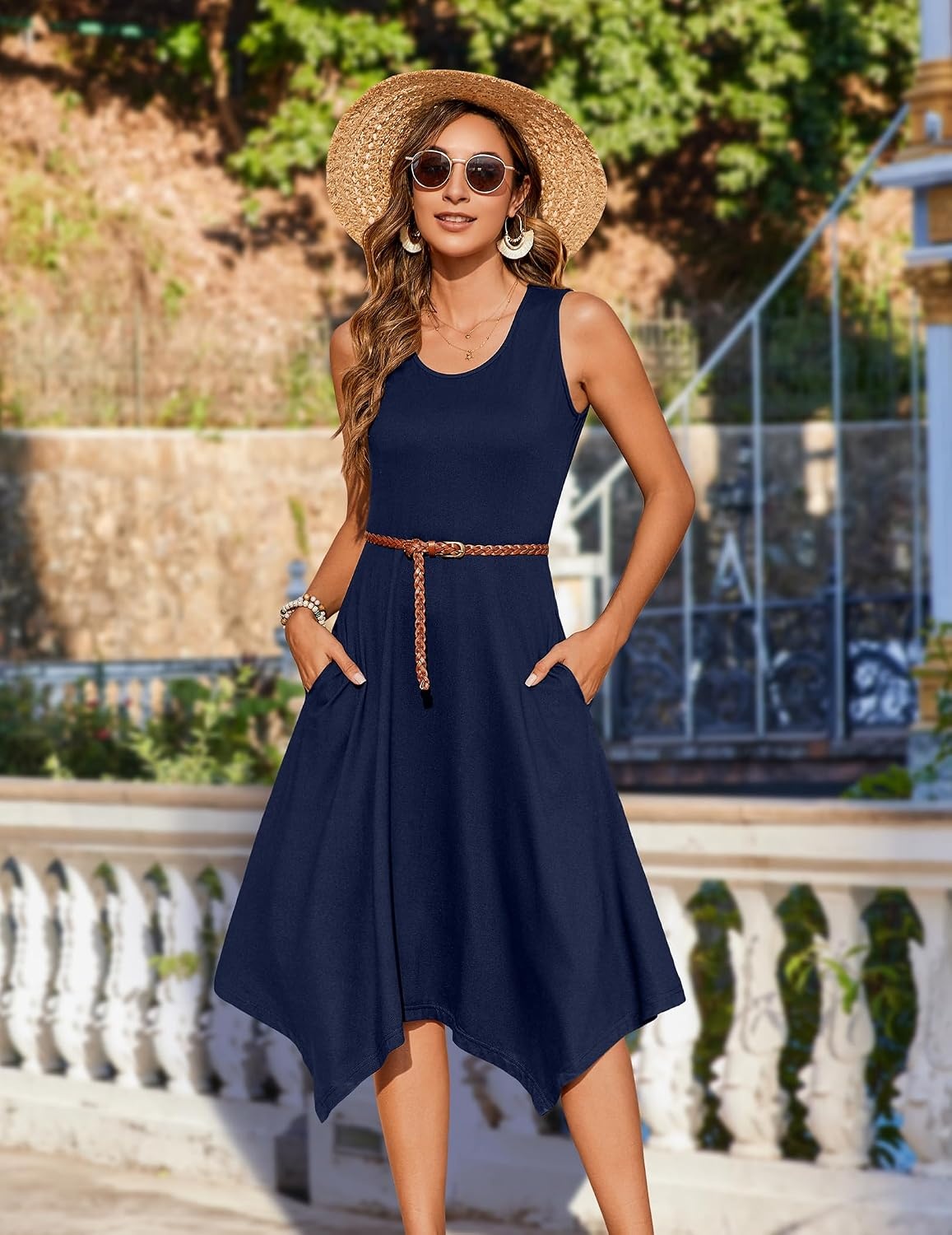 image:imageZeagoo Womens Casual Dress for Summer Tank Dress Loose Flowy Beach Dress with Pockets Hankerchief Flare Midi Sundress 2026Solid Navy