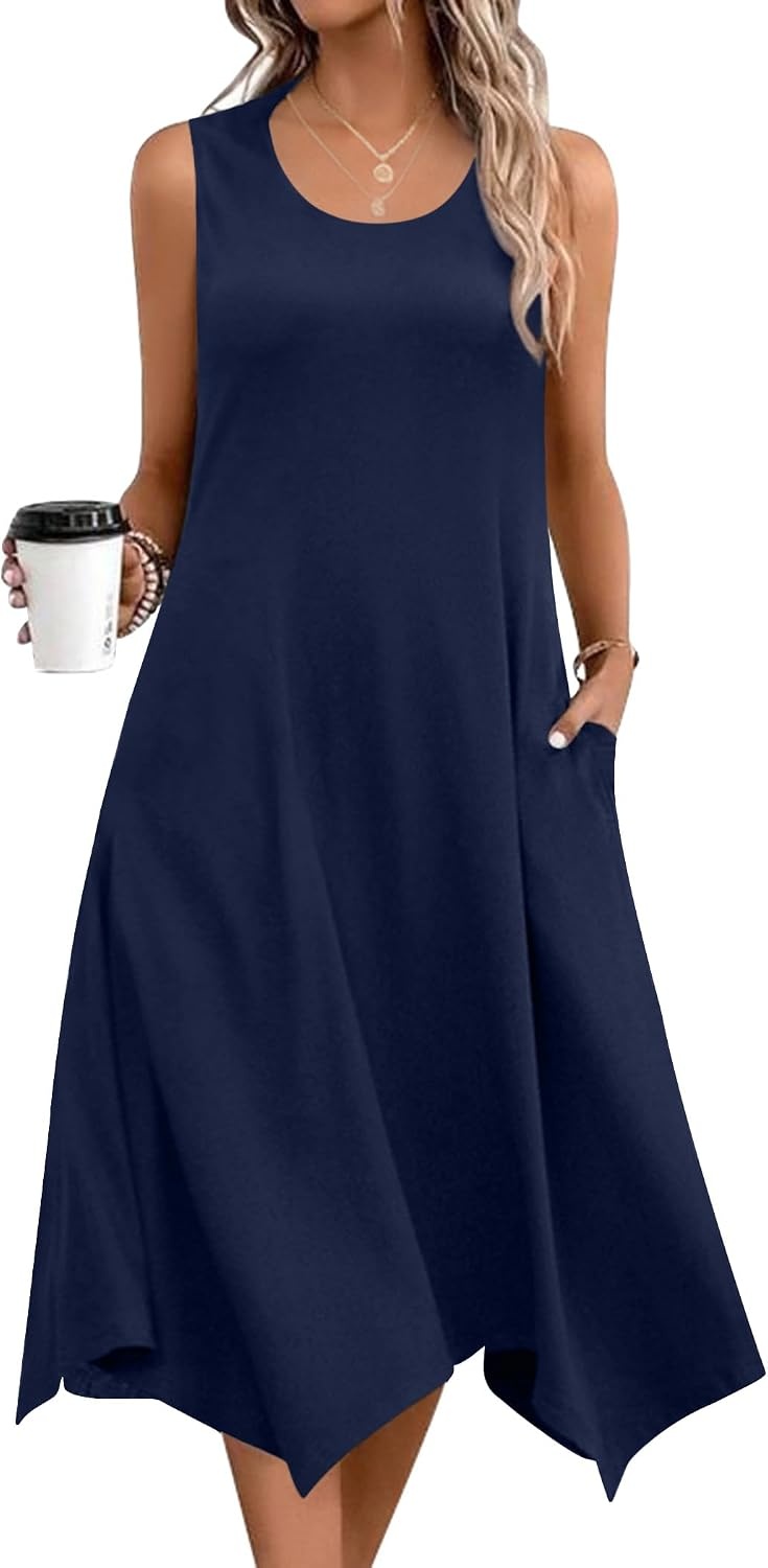 image:imageZeagoo Womens Casual Dress for Summer Tank Dress Loose Flowy Beach Dress with Pockets Hankerchief Flare Midi Sundress 2026Solid Navy