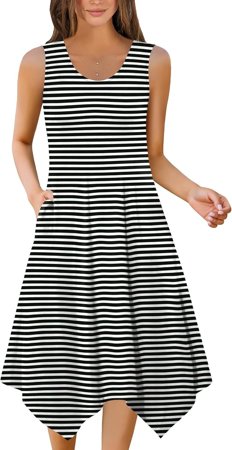 image:imageZeagoo Womens Casual Dress for Summer Tank Dress Loose Flowy Beach Dress with Pockets Hankerchief Flare Midi Sundress 2026Stripe Print