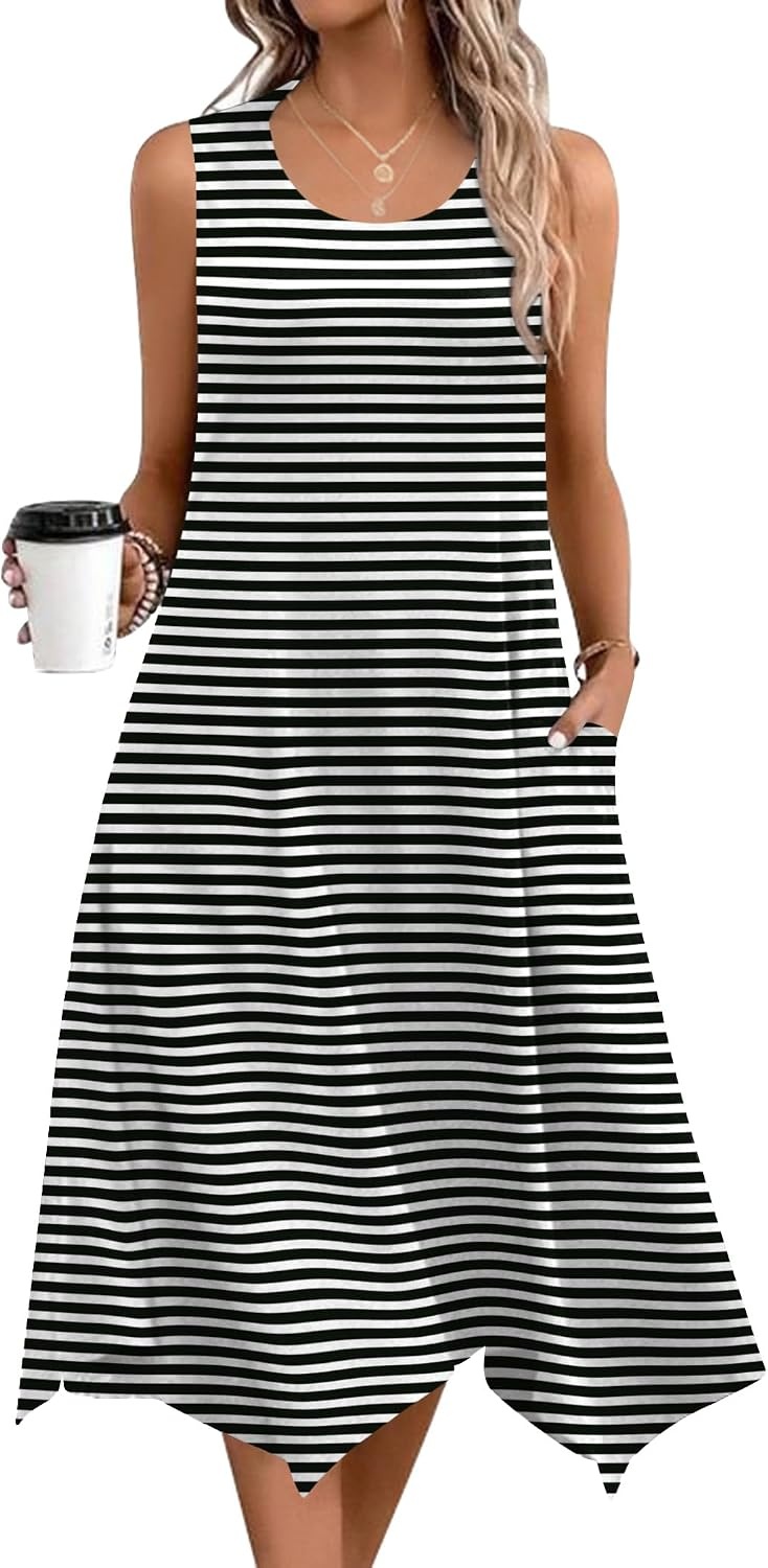 image:imageZeagoo Womens Casual Dress for Summer Tank Dress Loose Flowy Beach Dress with Pockets Hankerchief Flare Midi Sundress 2026Stripe Print