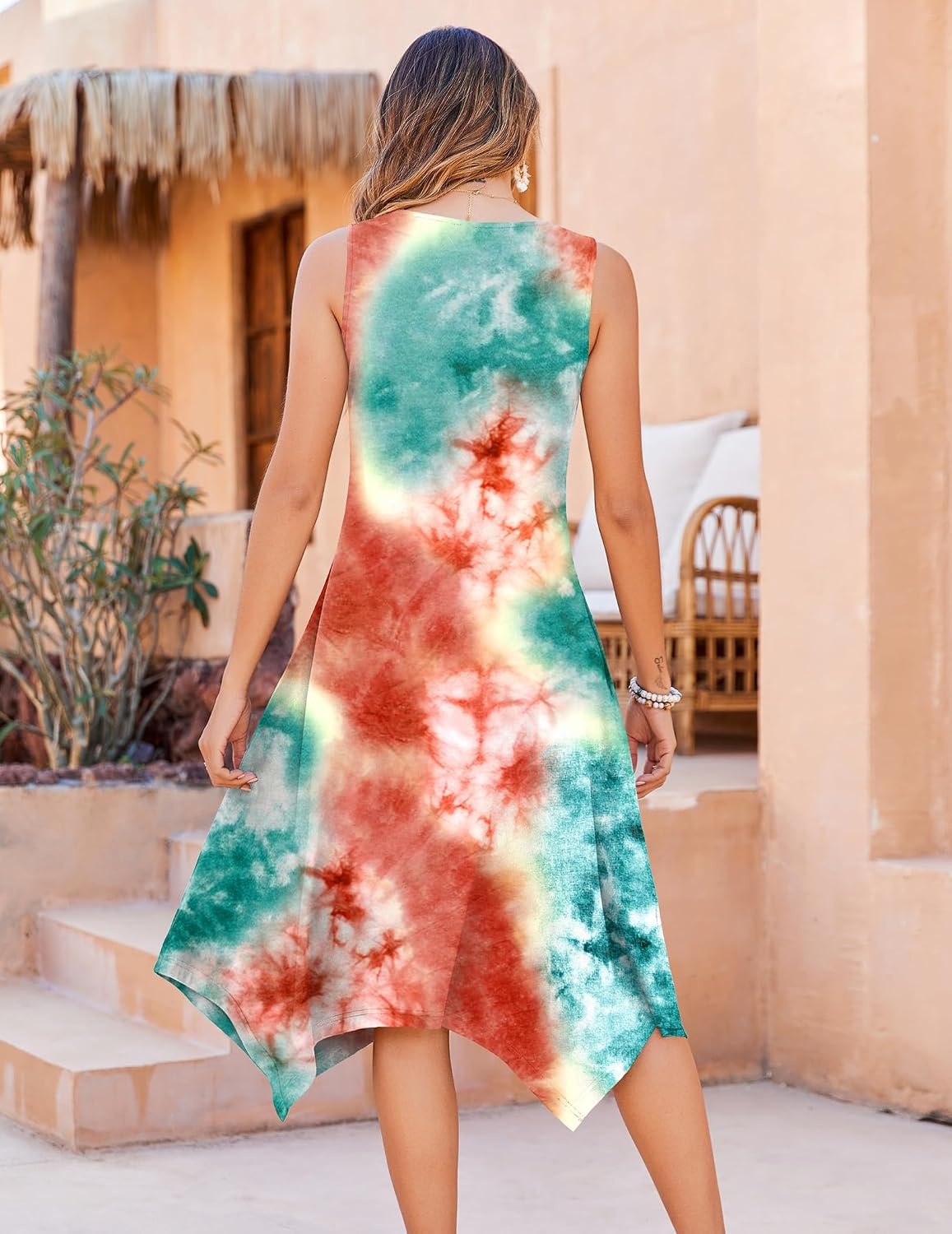 image:imageZeagoo Womens Casual Dress for Summer Tank Dress Loose Flowy Beach Dress with Pockets Hankerchief Flare Midi Sundress 2026Tie Dye