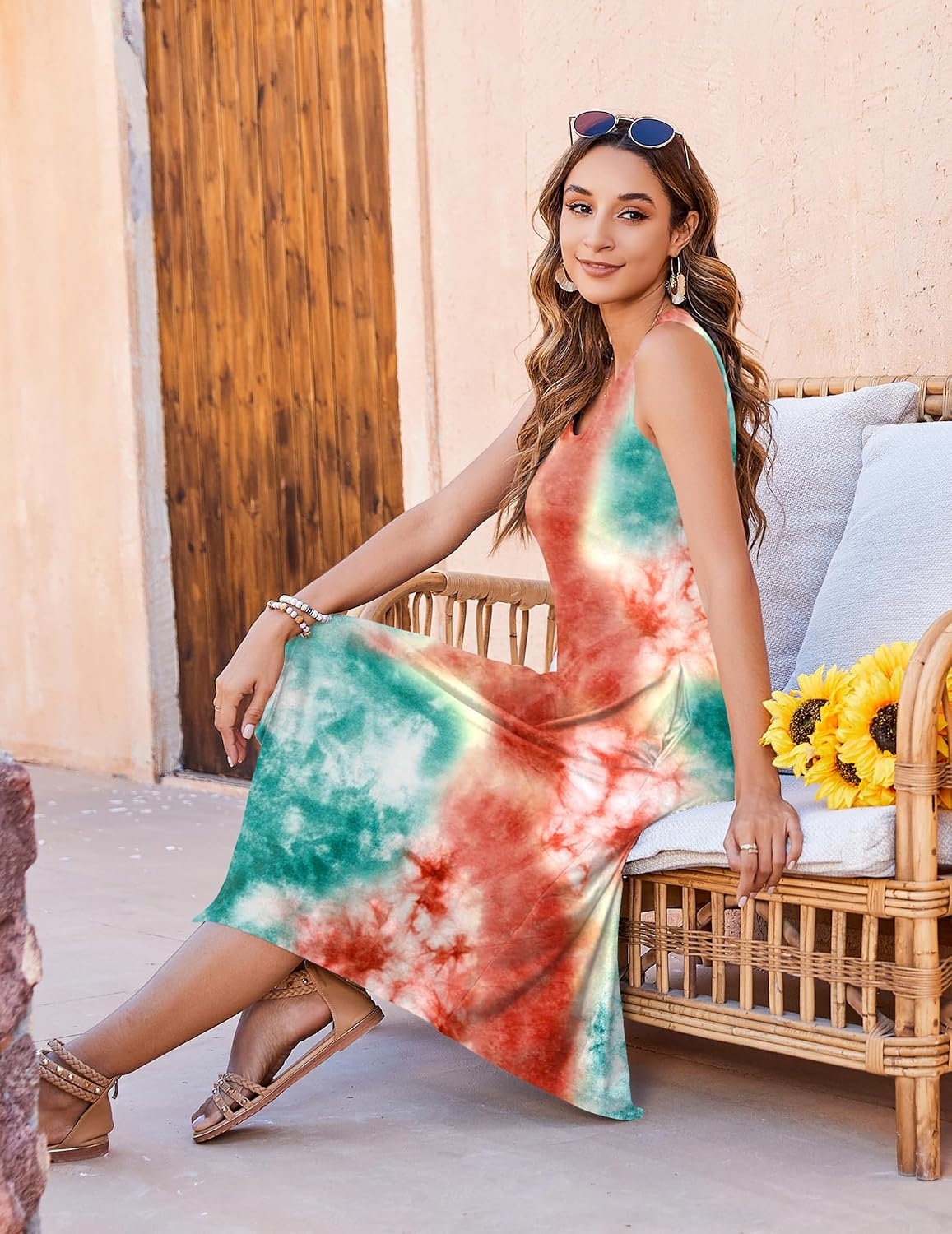 image:imageZeagoo Womens Casual Dress for Summer Tank Dress Loose Flowy Beach Dress with Pockets Hankerchief Flare Midi Sundress 2026Tie Dye
