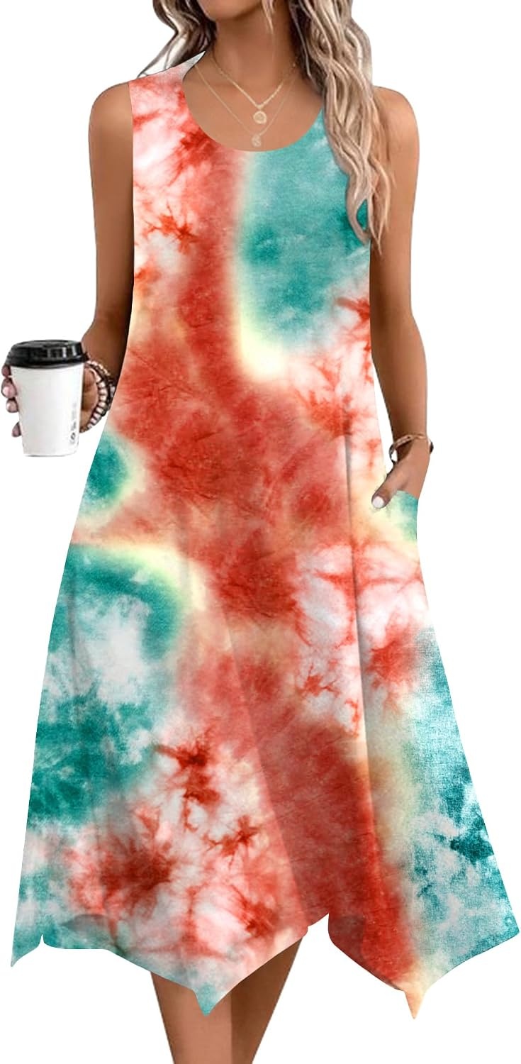 image:imageZeagoo Womens Casual Dress for Summer Tank Dress Loose Flowy Beach Dress with Pockets Hankerchief Flare Midi Sundress 2026Tie Dye