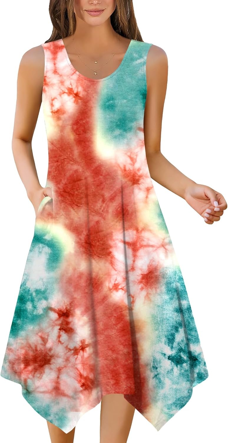 image:imageZeagoo Womens Casual Dress for Summer Tank Dress Loose Flowy Beach Dress with Pockets Hankerchief Flare Midi Sundress 2026Tie Dye