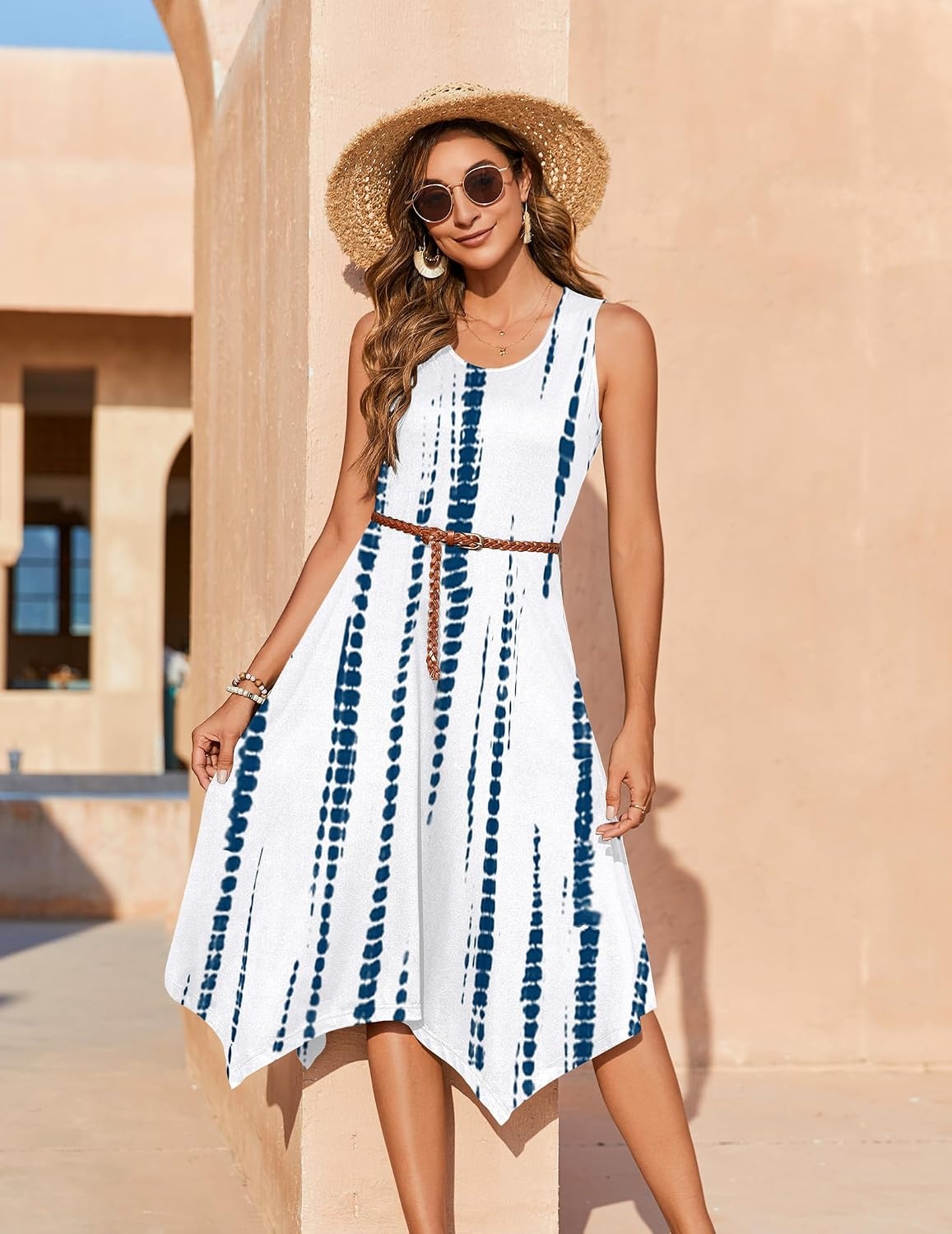 image:imageZeagoo Womens Casual Dress for Summer Tank Dress Loose Flowy Beach Dress with Pockets Hankerchief Flare Midi Sundress 2026White
