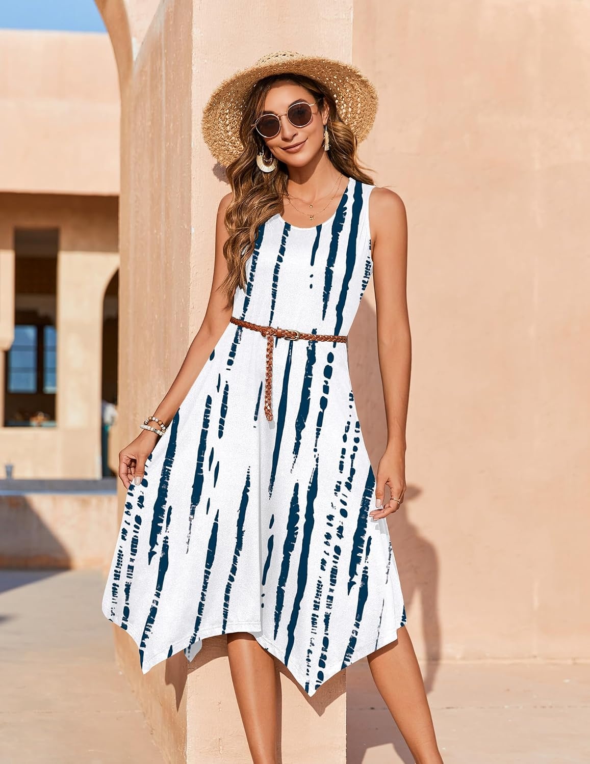 image:imageZeagoo Womens Casual Dress for Summer Tank Dress Loose Flowy Beach Dress with Pockets Hankerchief Flare Midi Sundress 2026White
