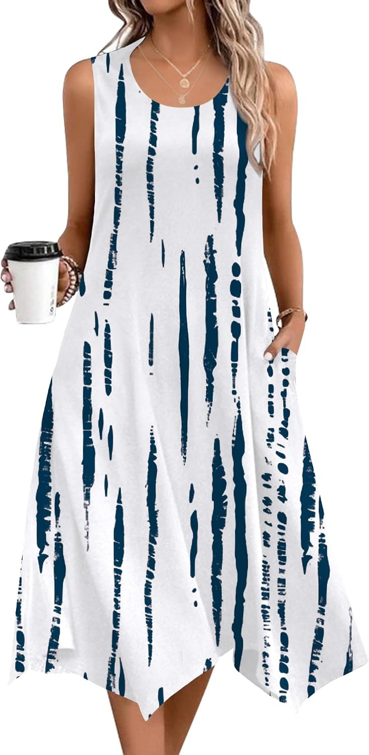 image:imageZeagoo Womens Casual Dress for Summer Tank Dress Loose Flowy Beach Dress with Pockets Hankerchief Flare Midi Sundress 2026White