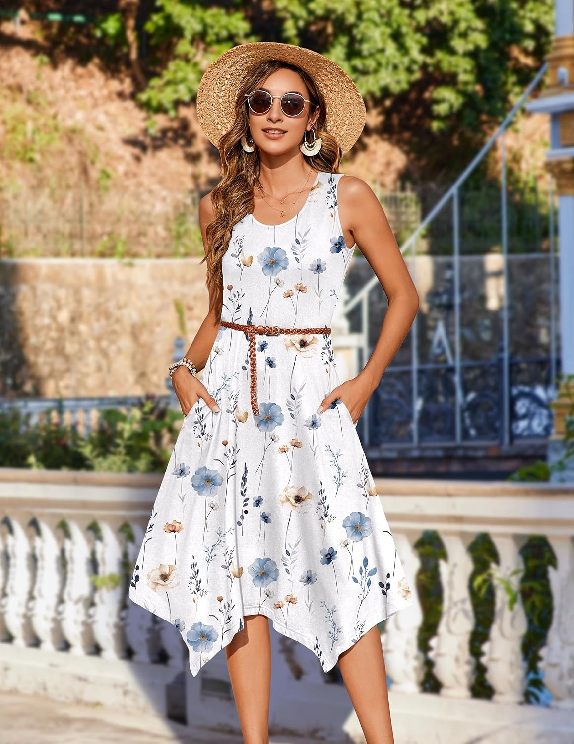 image:imageZeagoo Womens Casual Dress for Summer Tank Dress Loose Flowy Beach Dress with Pockets Hankerchief Flare Midi Sundress 2026White Floral